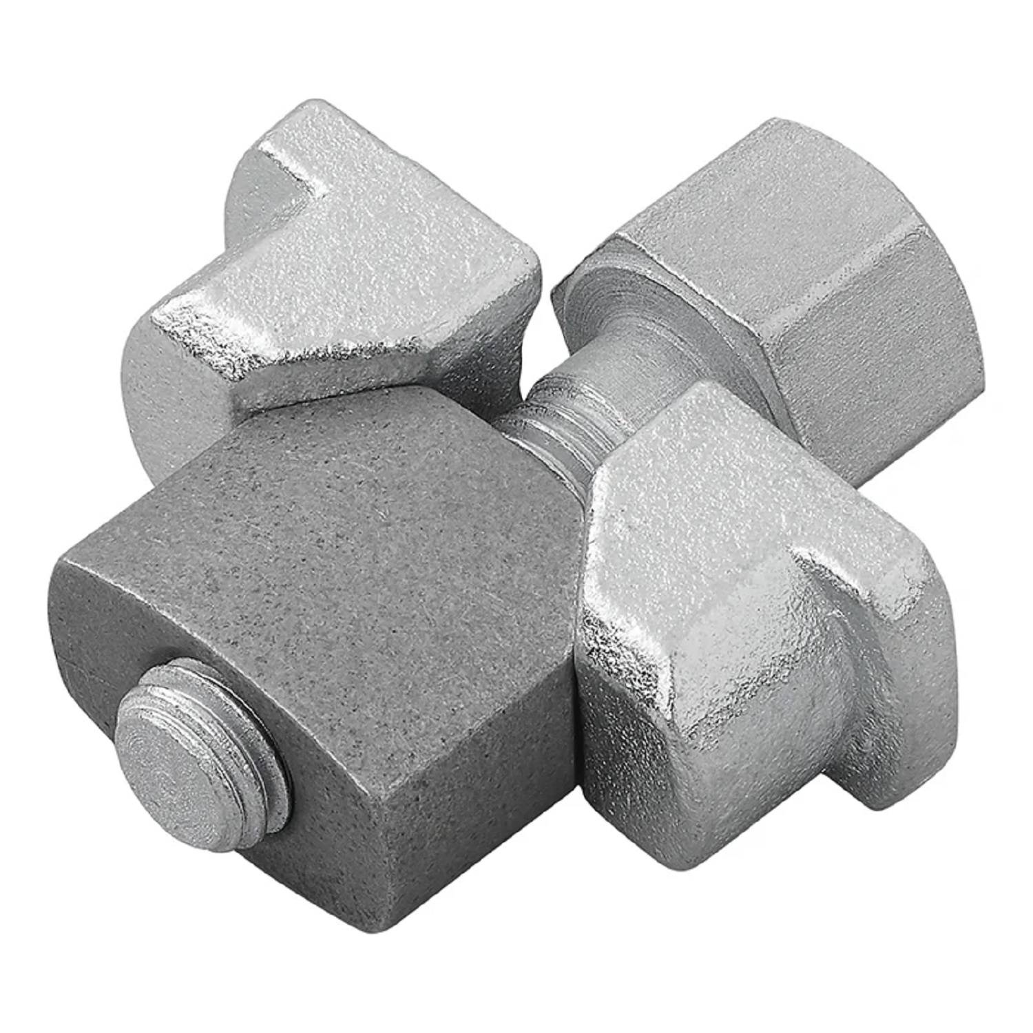 Eine silberne, sechseckige mechanische Kupplungskomponente mit ineinandergreifenden Teilen, die zum Verbinden von Rohren oder Maschinen verwendet wird.