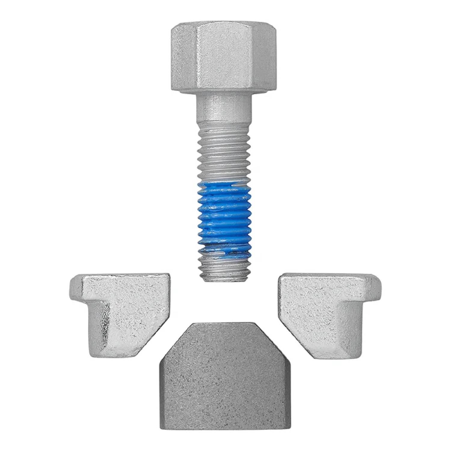 „Bild eines Bolzens mit blauen Gewinde, umgeben von drei verschiedenen Metallverbindungskomponenten, die Montagemöglichkeiten hervorheben.