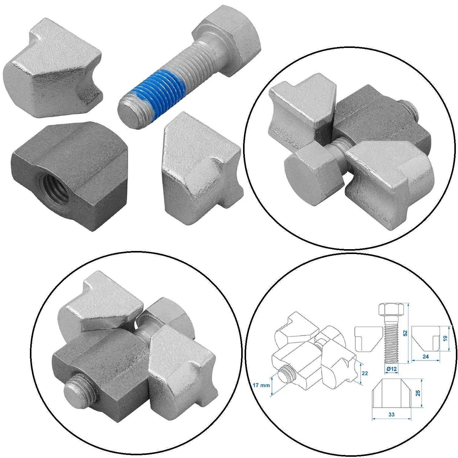 Verschiedene Ansichten eines einzigartig geformten Schrauben- und Mutternsets, bestehend aus einer Schraube mit blauem Gewindedichtmittel und L-förmigen Muttern, mit einem technischen Diagramm.