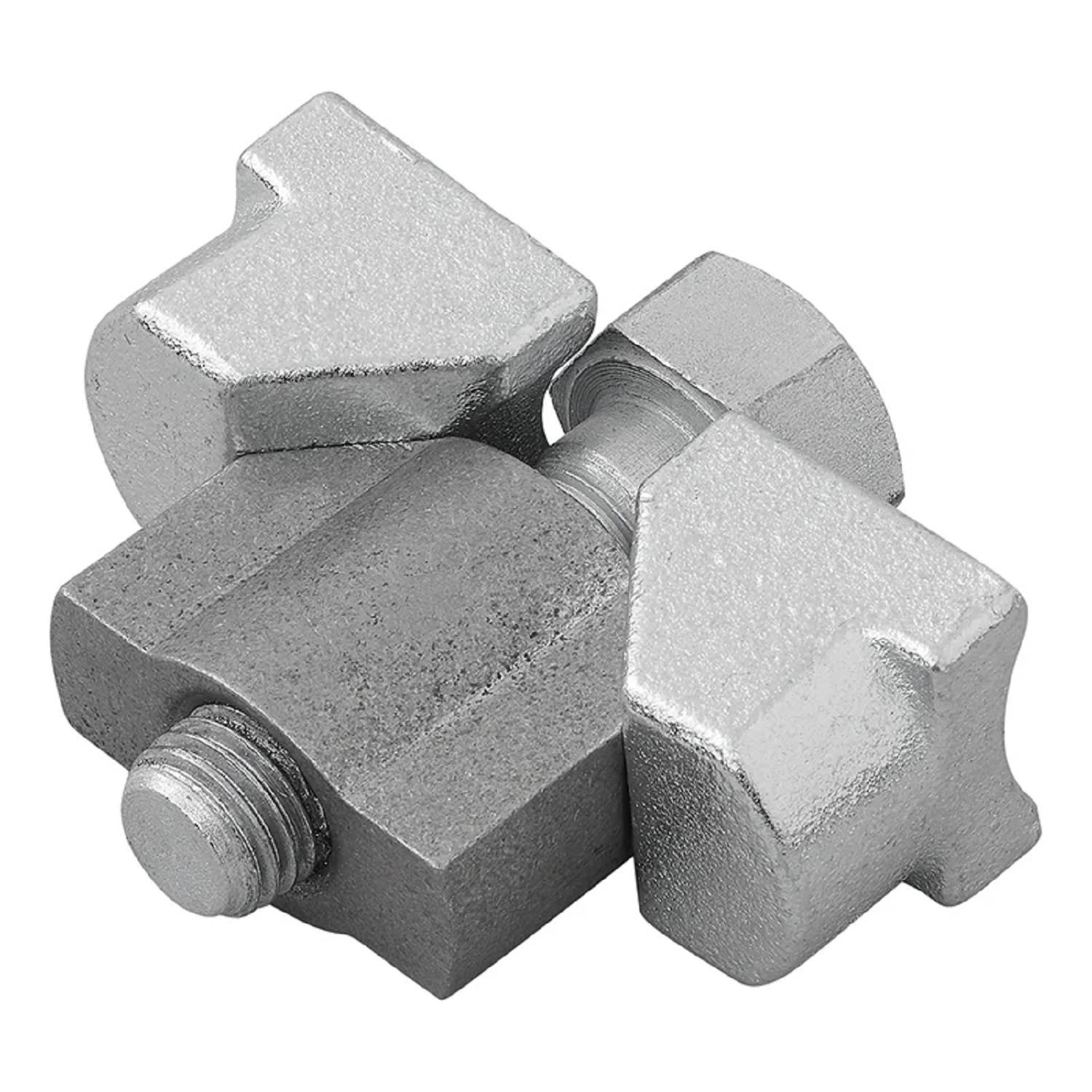 Ein silberner metallischer Verbinder mit sechseckiger Grundfläche und zwei hervorstehenden Gewindebolzen, der zum Verbinden oder Sichern von Teilen in Maschinen verwendet wird.