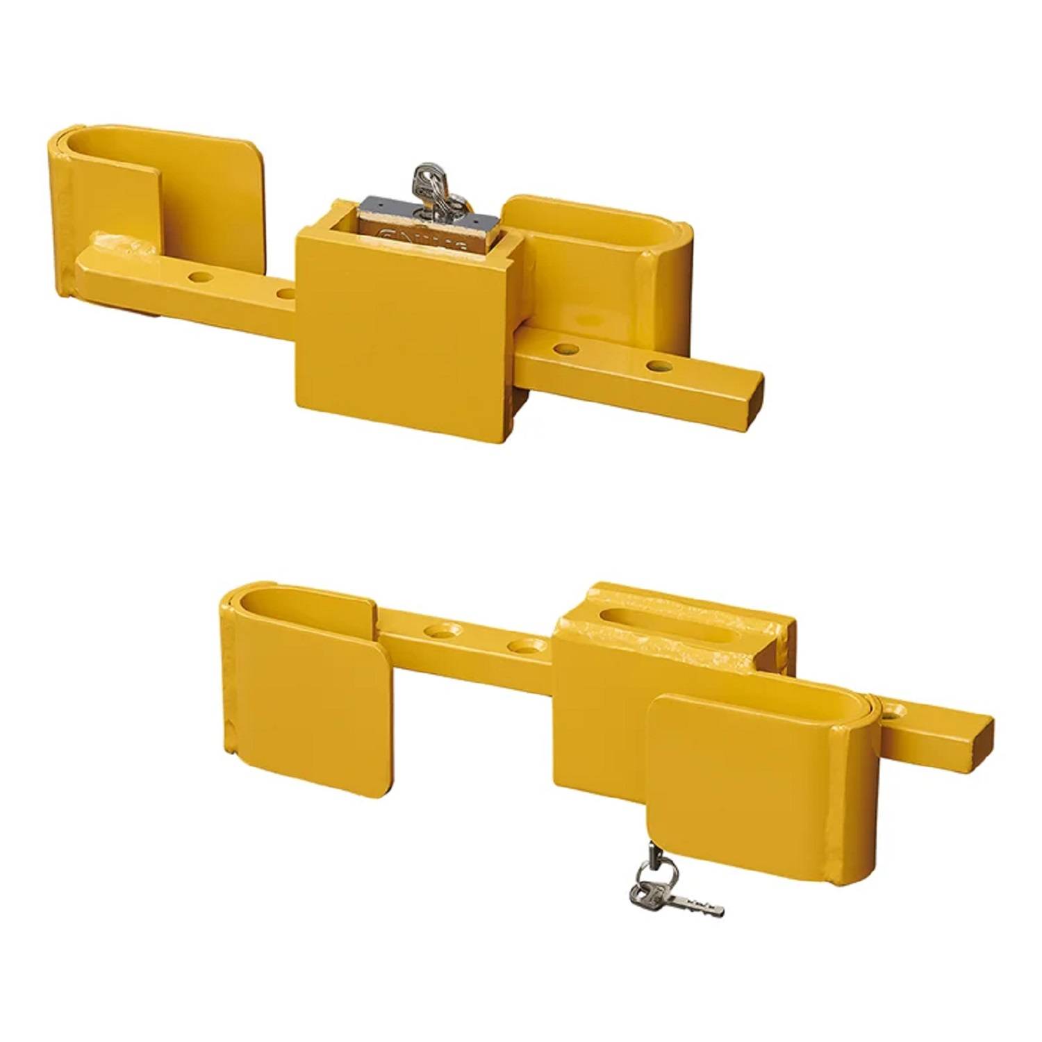 Zwei gelbe Vorhängeschlösser mit Schlüsseln zum Sichern von Türen oder Toren. Ein Schloss zeigt den eingelegten Schlüssel; das andere ist ohne Schlüssel.
