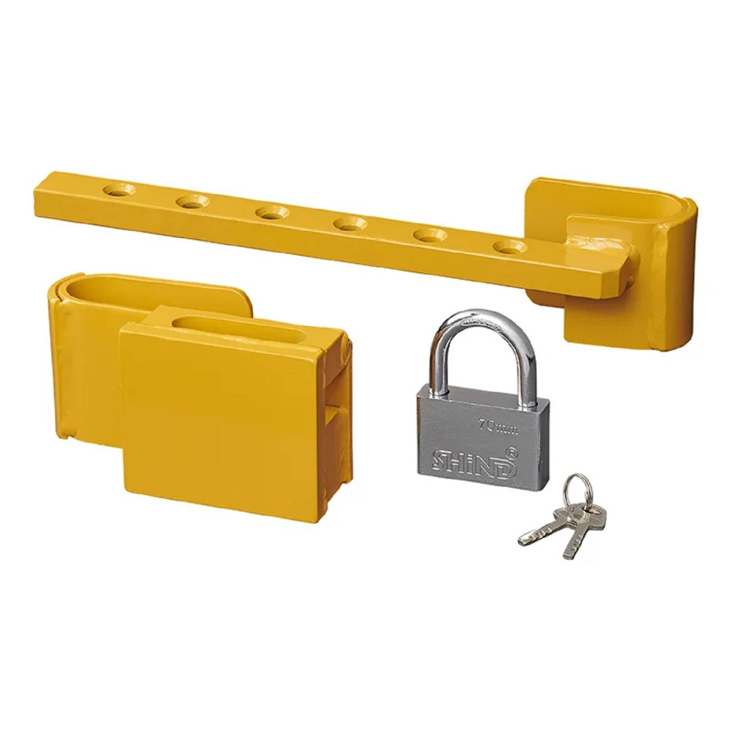 „Gelbe Türschlossriegel und Vorhängeschloss mit zwei Schlüsseln