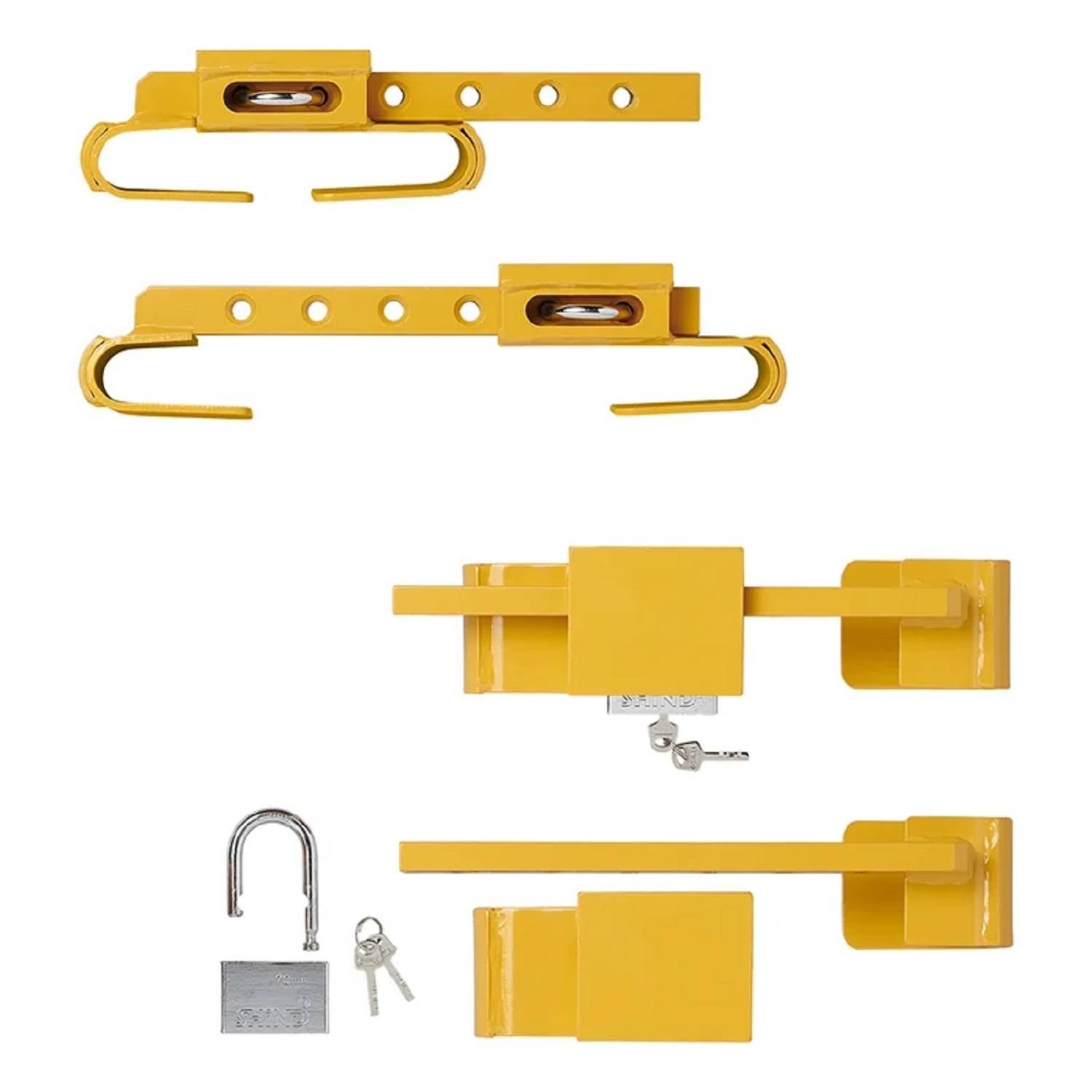 Gelber Schwerlast-Türriegel mit beigefügtem Vorhängeschloss und Schlüsseln. Entwickelt zum Sichern von Türen, mit robuster Metallkonstruktion.