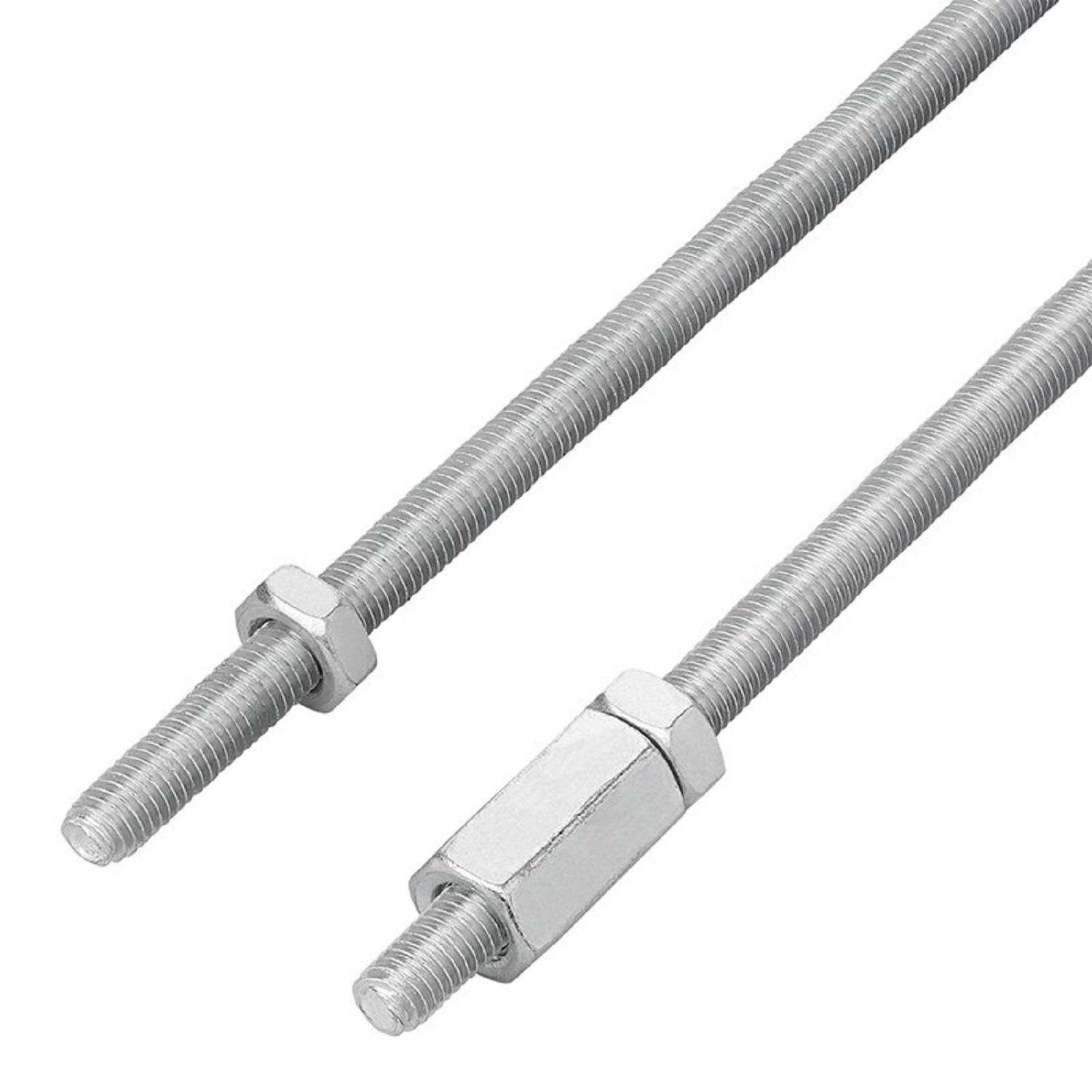 Zwei Gewindestangen aus Metall mit Muttern, parallel ausgerichtet.