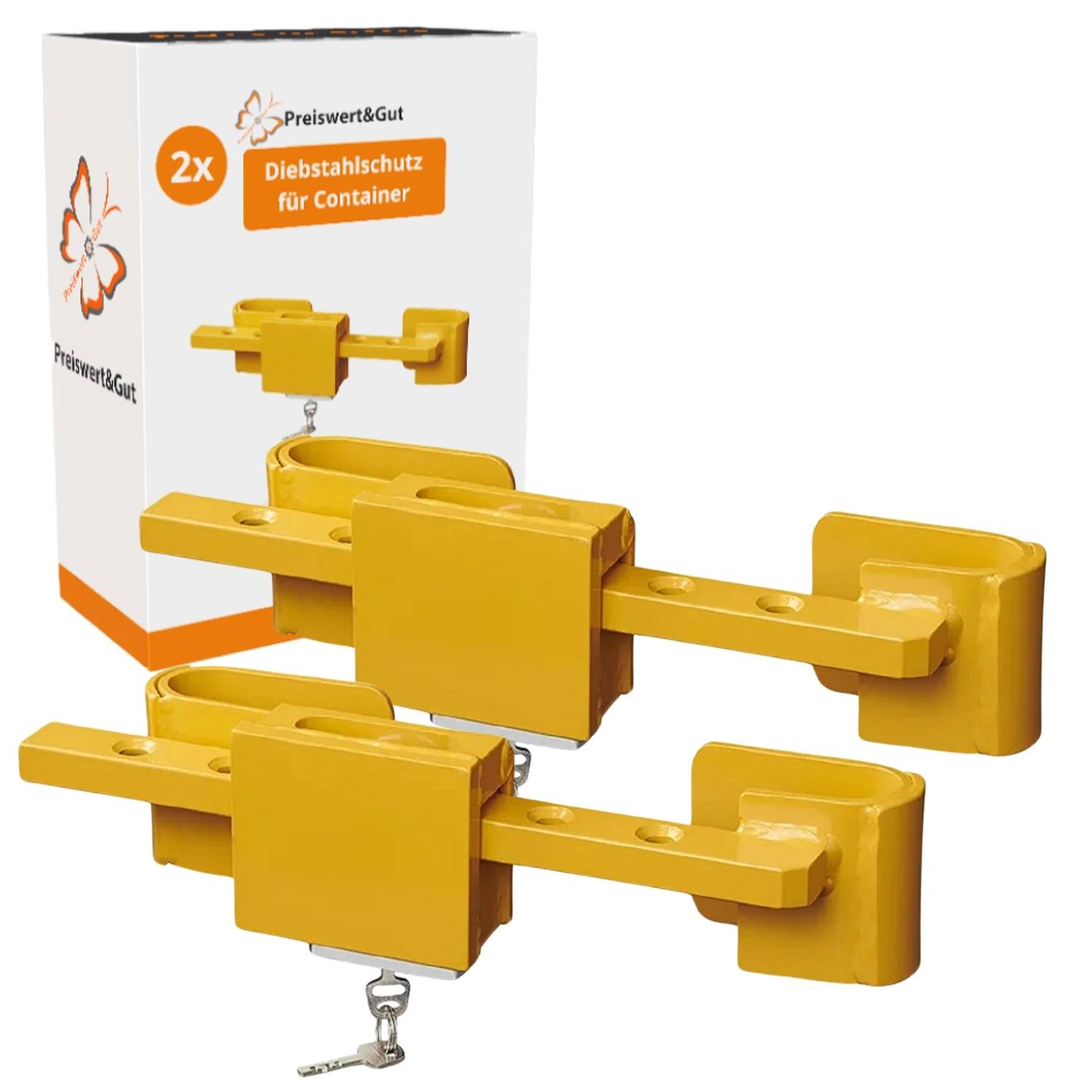 Zwei gelbe Containerverschlüsse mit Schlüsseln, dargestellt mit ihrer Verpackung. Die Verpackung ist mit 