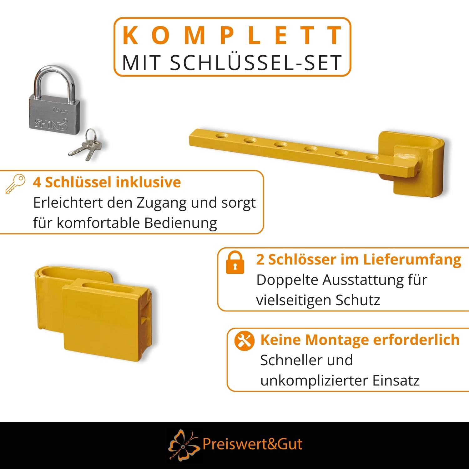 Komplettes Preiswert-Set mit Schloss, gelbem Türgriff und Briefkasten. Enthält vier Schlüssel, Doppelverriegelung für Sicherheit, einfache Installation.