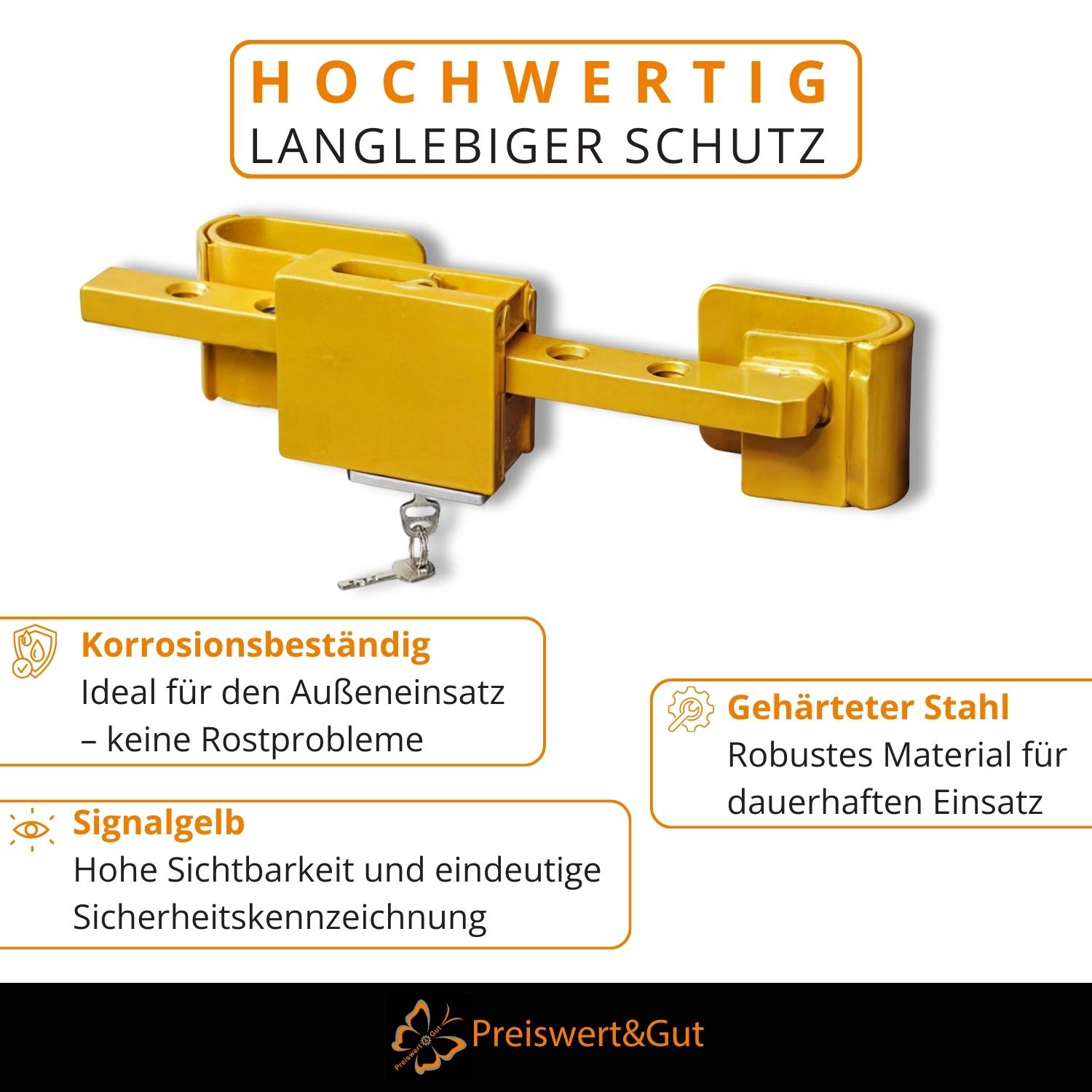 Schloss mit zwei Seitenriegeln für 'LANGLEBIGEN SCHUTZ'. Merkmale umfassen 'Korrosionsbeständigkeit' für rostanfällige Bereiche und 'Gehärteten Stahl' für Langlebigkeit.