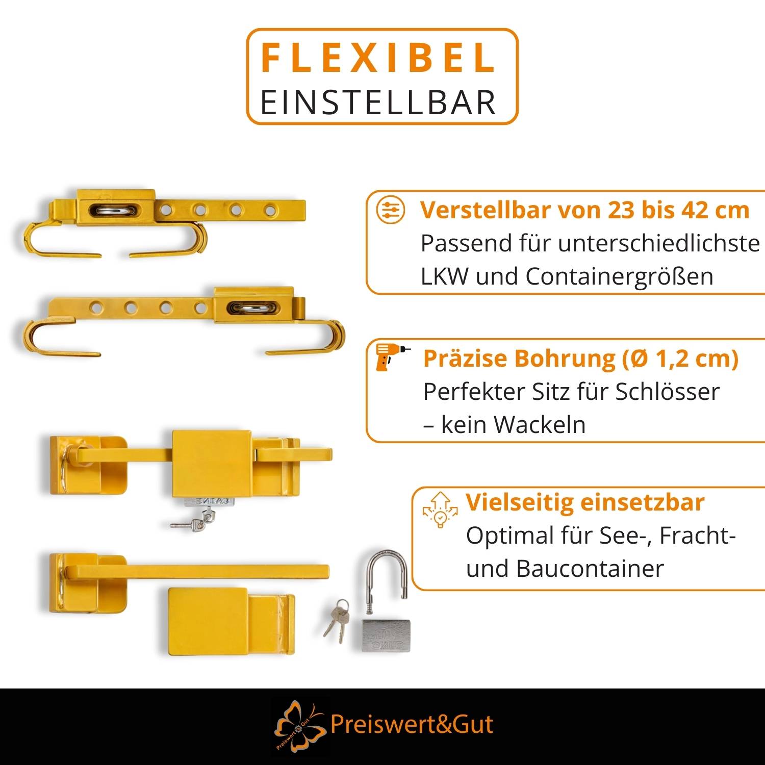 Flexibel einstellbar: Verstärkte Türschlösser anpassbar von 23 bis 42 cm. Präzises Bohren (Ø 1,2 cm) für perfekten Sitz.
