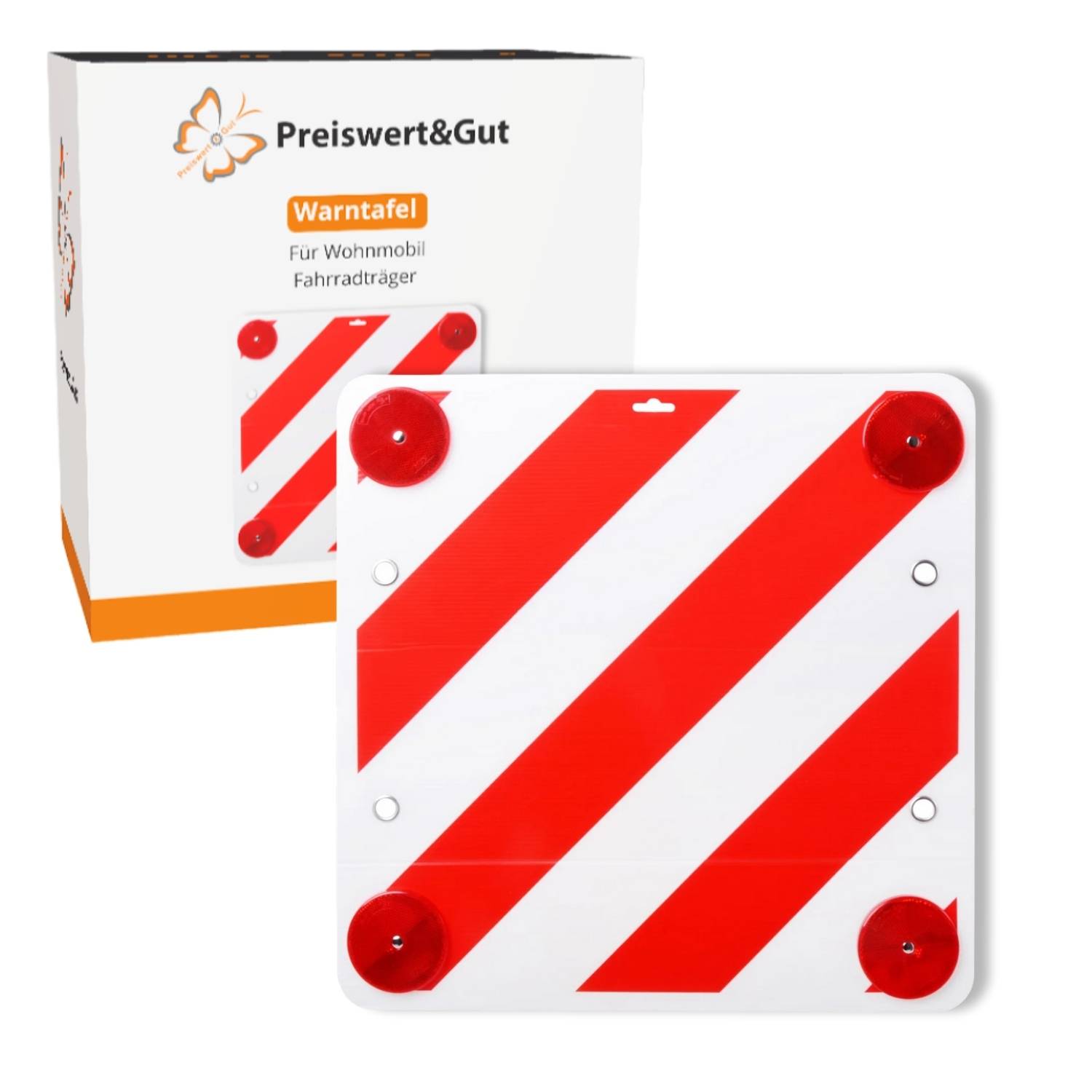 Rot-weiß gestreiftes diagonales Warnschild für Wohnmobile und Fahrradträger, verpackt in einer Schachtel mit der Markierung 'Preiswert&Gut