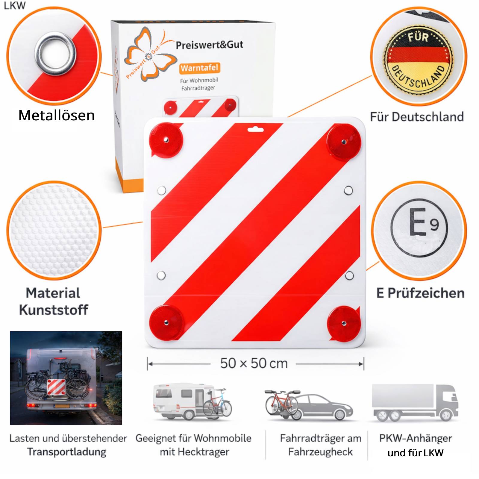 Warnschild Rot Weiß Warntafel Fahrradträger 50x50 cm E Prüfzeichen Anhänger LKW