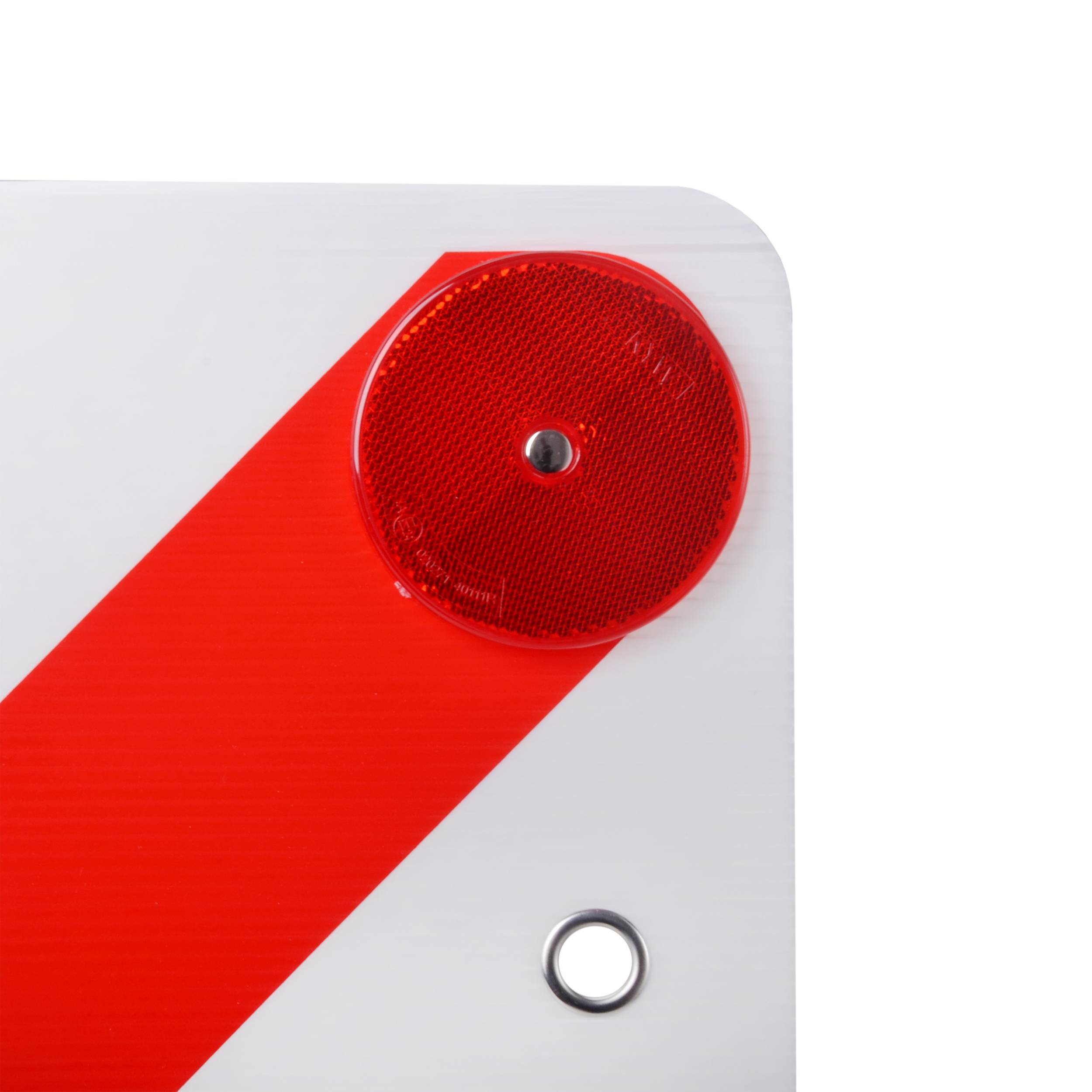 Weißes quadratisches Schild mit rotem diagonalem Streifen, versehen mit einem roten Reflektor und einem Metallbefestigungsloch.