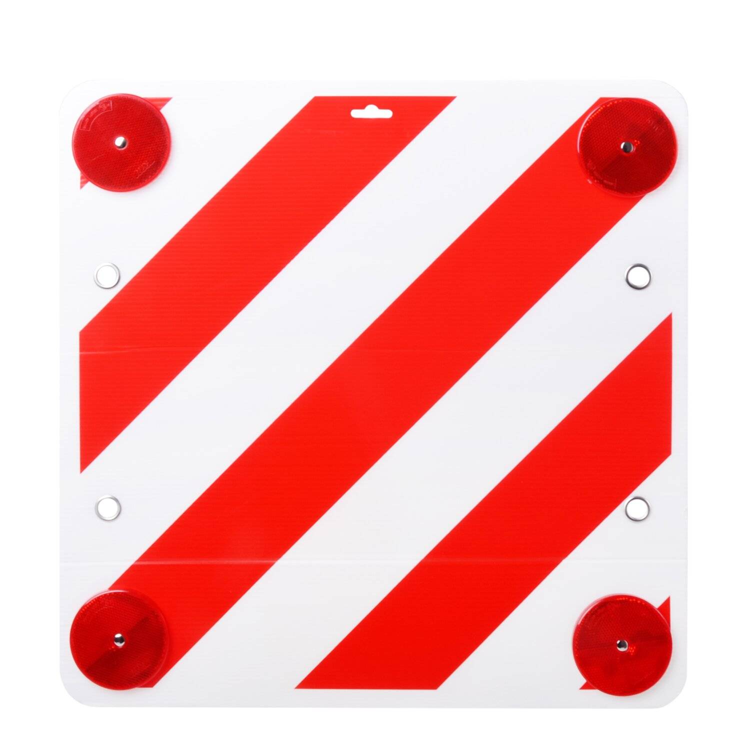 Ein quadratisches Warnschild mit roten und weißen diagonalen Streifen, das vier rote kreisförmige Reflektoren in jeder Ecke aufweist.