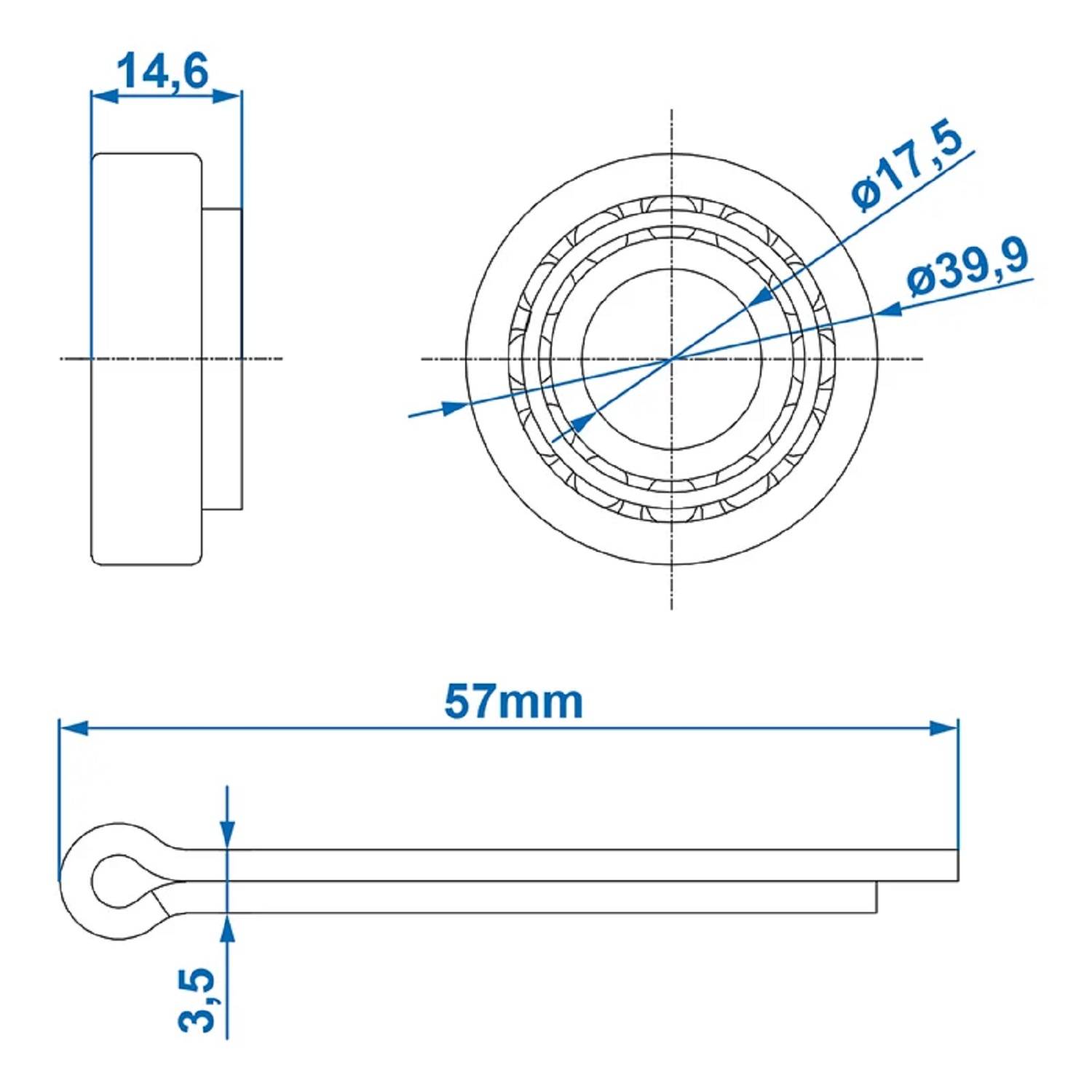 Technische Zeichnung eines runden mechanischen Bauteils mit Maßen: Durchmesser 39,9 mm, Höhe 14,6 mm, Gesamtlänge 57 mm, Dicke 3,5 mm.