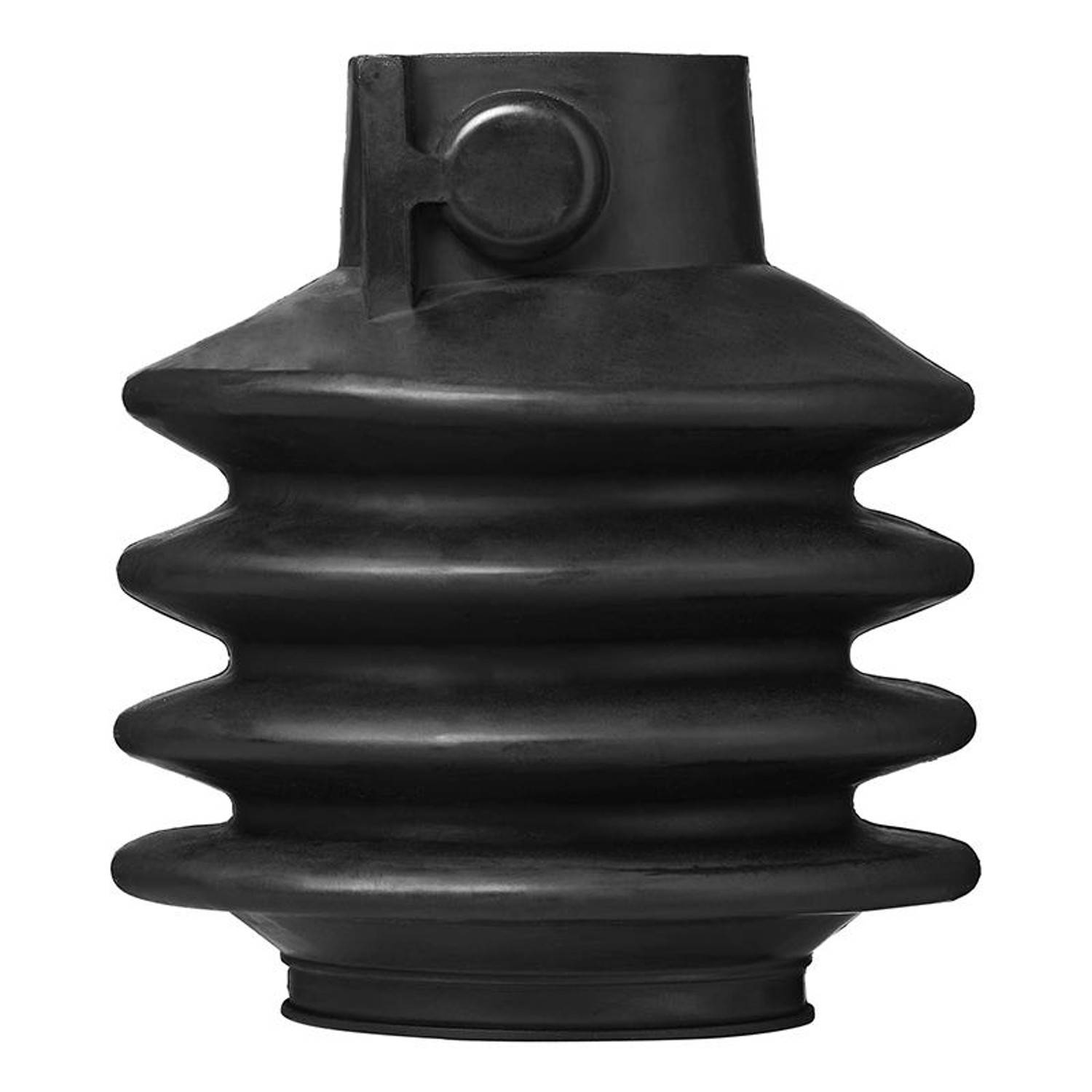 Eine schwarze, akkordeonartige Vase mit einer zylindrischen Öffnung an der Oberseite und einem kreisförmigen Design in der Nähe des oberen Randes, die in einem minimalistischen Stil gestaltet ist.