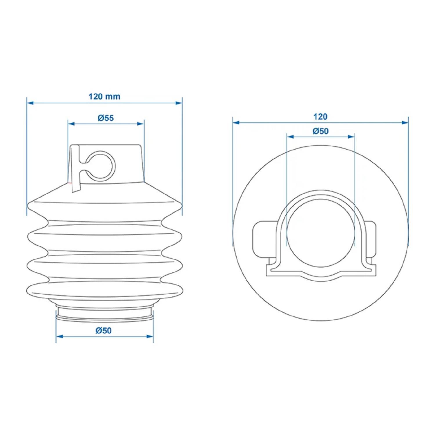 Technische Zeichnung eines gerippten Isolators mit Seiten- und Draufsicht. Abmessungen umfassen eine Breite von 120 mm und Durchmesser von 50 mm und 55 mm.