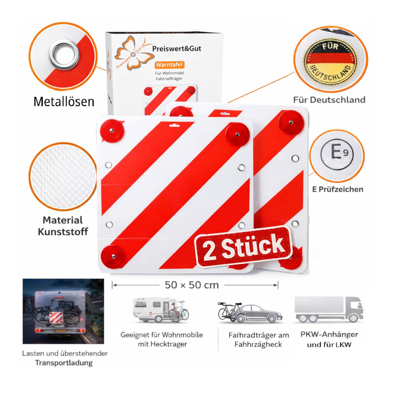 2x Warntafel Rot Weiß Warnschild Fahrradträger 50x50 cm E Prüfzeichen Reflektor