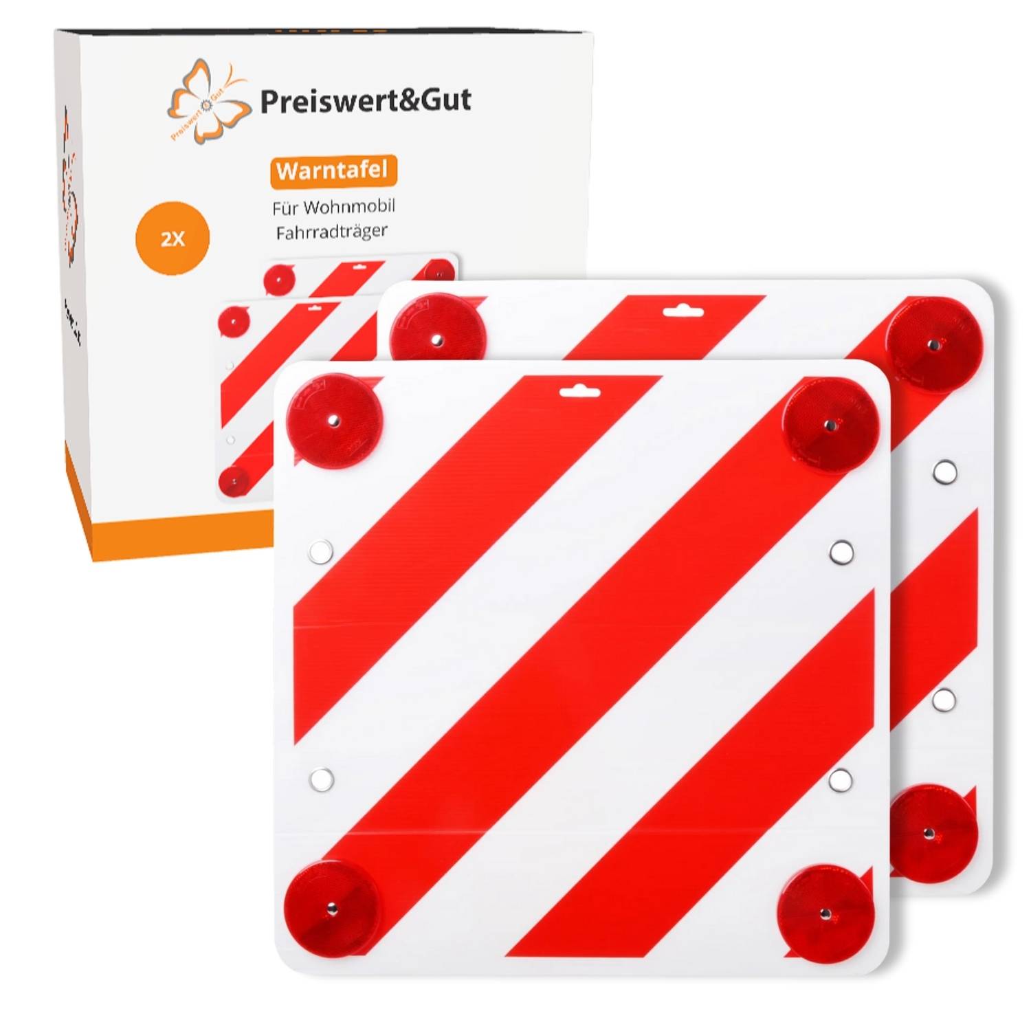 Zwei rot-weiß diagonal gestreifte Warnpaneele für Fahrzeuge, mit roten kreisförmigen Reflektoren, neben einer Verpackung mit der Aufschrift 