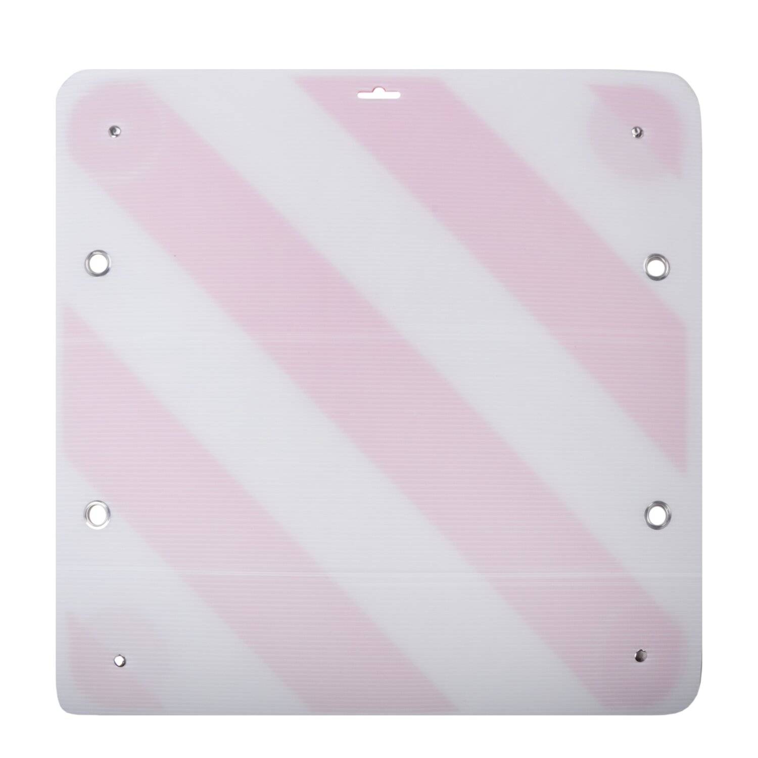 Ein quadratisches weißes Panel mit hellrosa diagonalen Streifen und mehreren Befestigungslöchern.