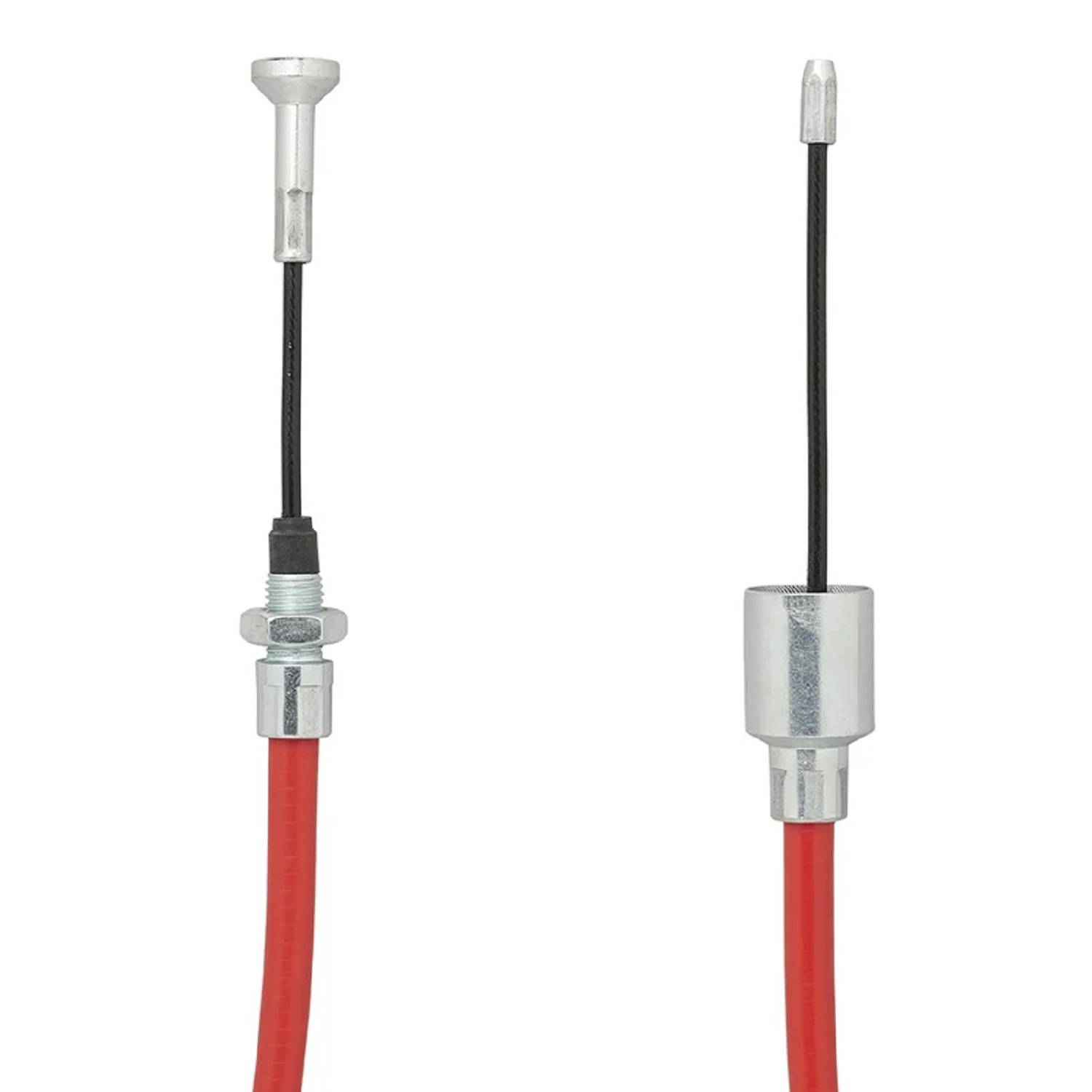 Ein roter mechanischer Kabel mit silbernen Metallenden, wobei eines dicker als das andere ist, ausgelegt für das Verbinden oder Steuern von mechanischen Komponenten.