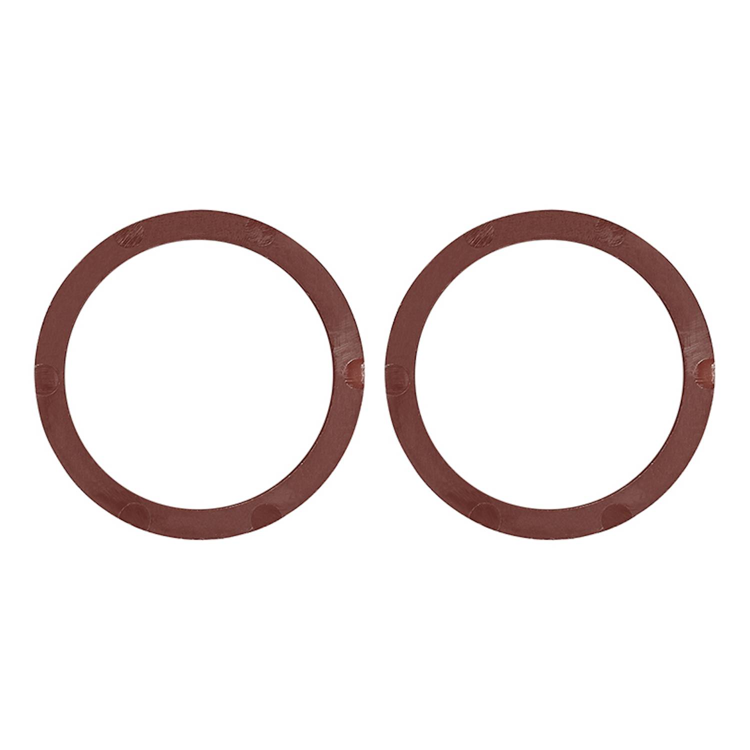 Zwei rote Gummidichtungen, kreisrund und flach, nebeneinander auf einem einfarbigen weißen Hintergrund.