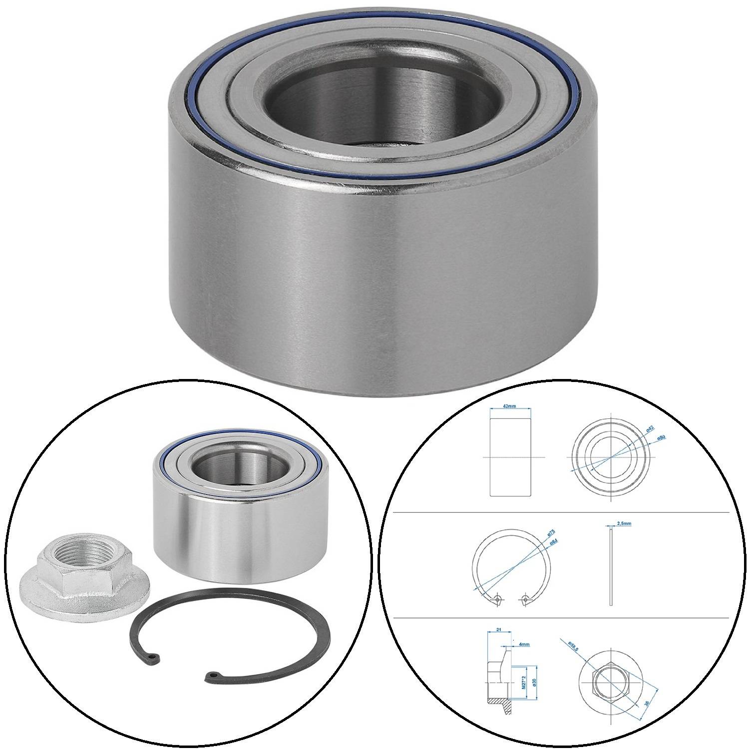 Radlagerkit mit einem zylindrischen Lager, Mutter und Sicherungsring, zusammen mit technischen Zeichnungen, die Abmessungen und Messungen zeigen.