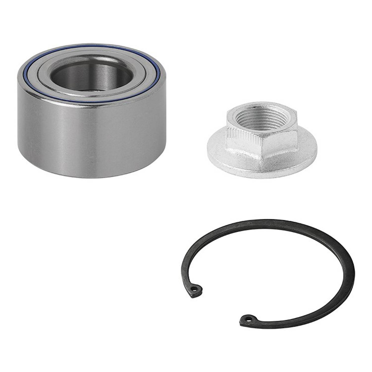 Ein Metalllager, eine Mutter und ein Sicherungsring werden auf einem weißen Hintergrund platziert und zeigen Komponenten, die typischerweise in mechanischen Baugruppen verwendet werden.