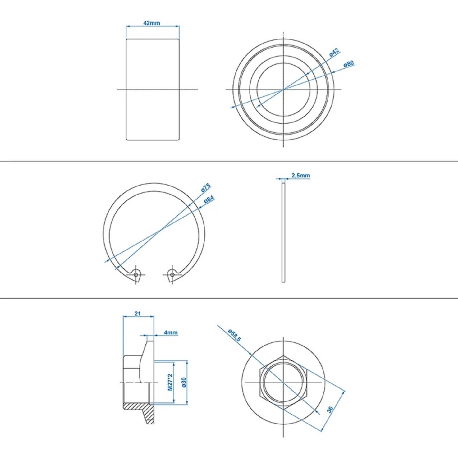 Technische Zeichnung mit den Abmessungen und Ansichten eines Sicherungsrings. Enthält Draufsicht, Seitenansicht und Querschnittsansicht mit Maßangaben.
