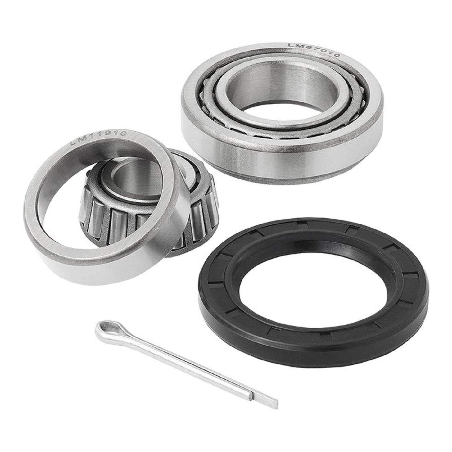 Ein demontiertes Radlager-Set mit Lagern, einer Dichtung und einer Splint. Die Komponenten sind ordentlich auf einem weißen Hintergrund angeordnet.