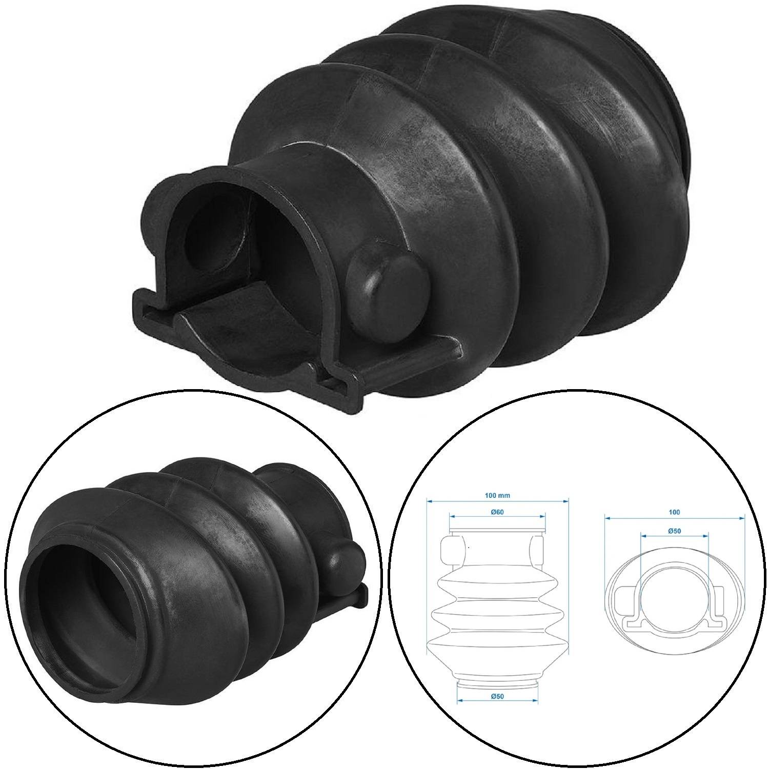 Das Bild zeigt ein schwarzes Gummiautomobildteil, höchstwahrscheinlich eine Manschette oder Buchse. Zusätzliche Kreise zeigen technische Diagramme mit beschrifteten Abmessungen.
