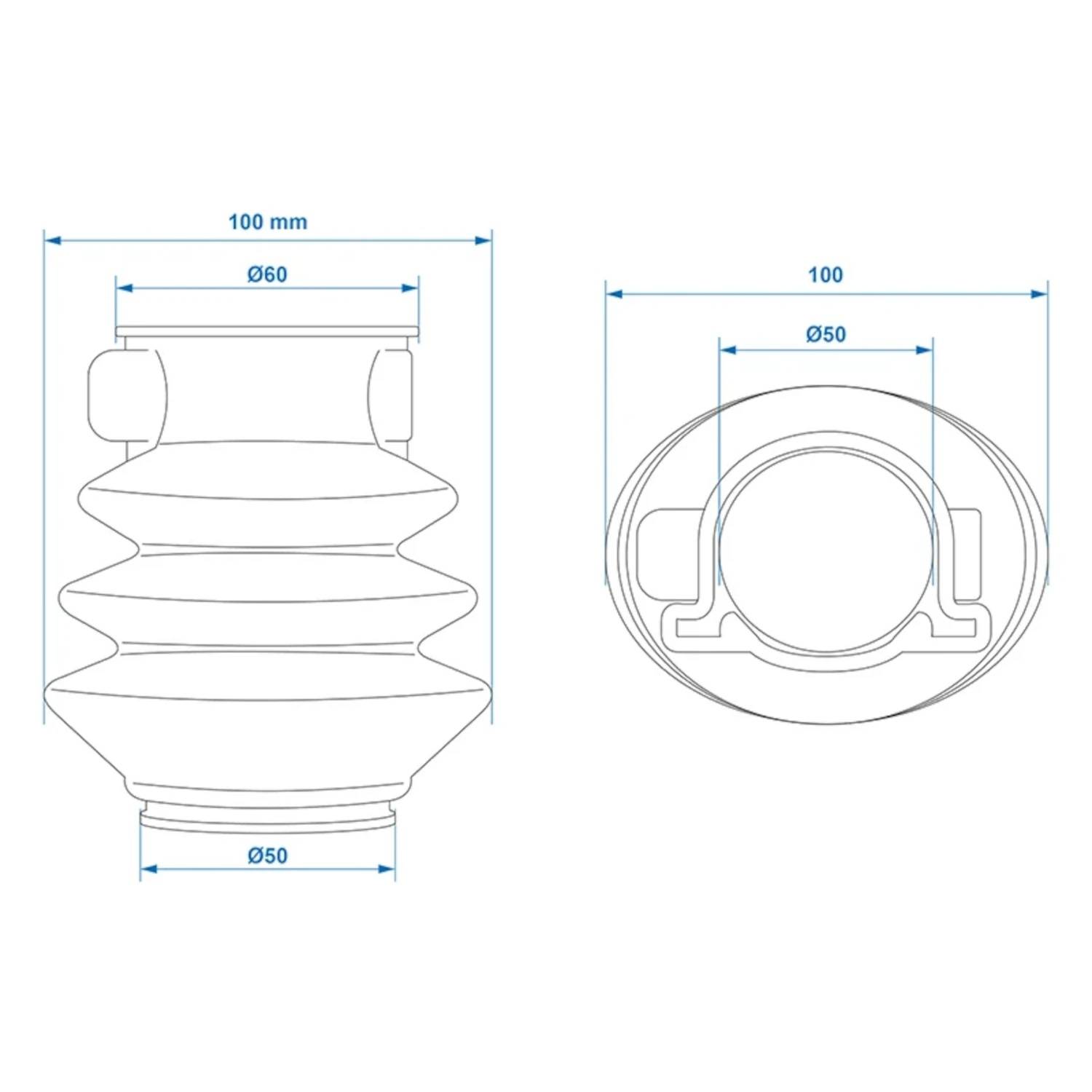 Technische Zeichnung eines flexiblen Balges mit Abmessungen.