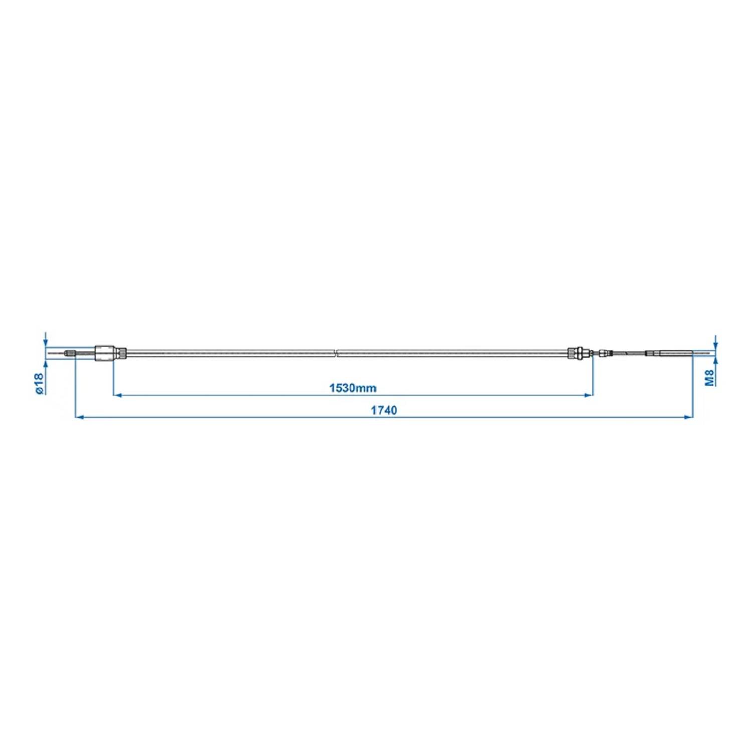 Eine technische Zeichnung einer Stange mit beschrifteten Abmessungen: 1530 mm Länge, 10 mm Höhe und 9,8 mm Breite, mit einer Gesamtlänge von 1740 mm.