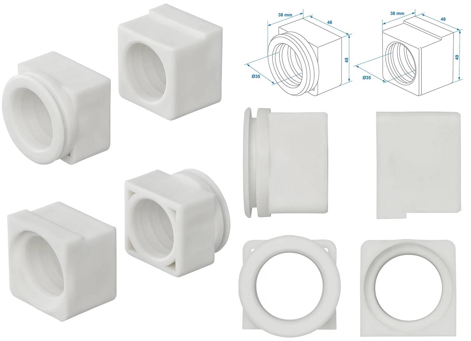 Weißer Kunststoff-Rohranschluss mit quadratischer Außengestaltung, runder Innenöffnung. Abmessungen: 38 mm Höhe und Breite, 49 mm Tiefe.