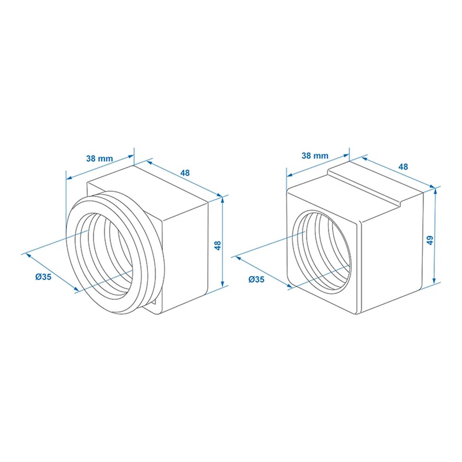 Technische Zeichnung von zwei würfelartigen mechanischen Teilen mit detaillierten Maßangaben: Kanten von 38 mm und 48 mm, kreisförmige Abschnitte von 35 mm Durchmesser.