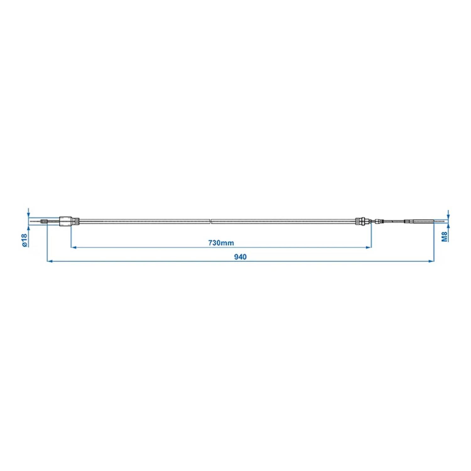 Eine detaillierte Linienzeichnung eines Kabels mit einer Gesamtlänge von 940 mm, wobei ein 730 mm langer Abschnitt in der Mitte markiert ist. Durchmesser beträgt 8 mm.