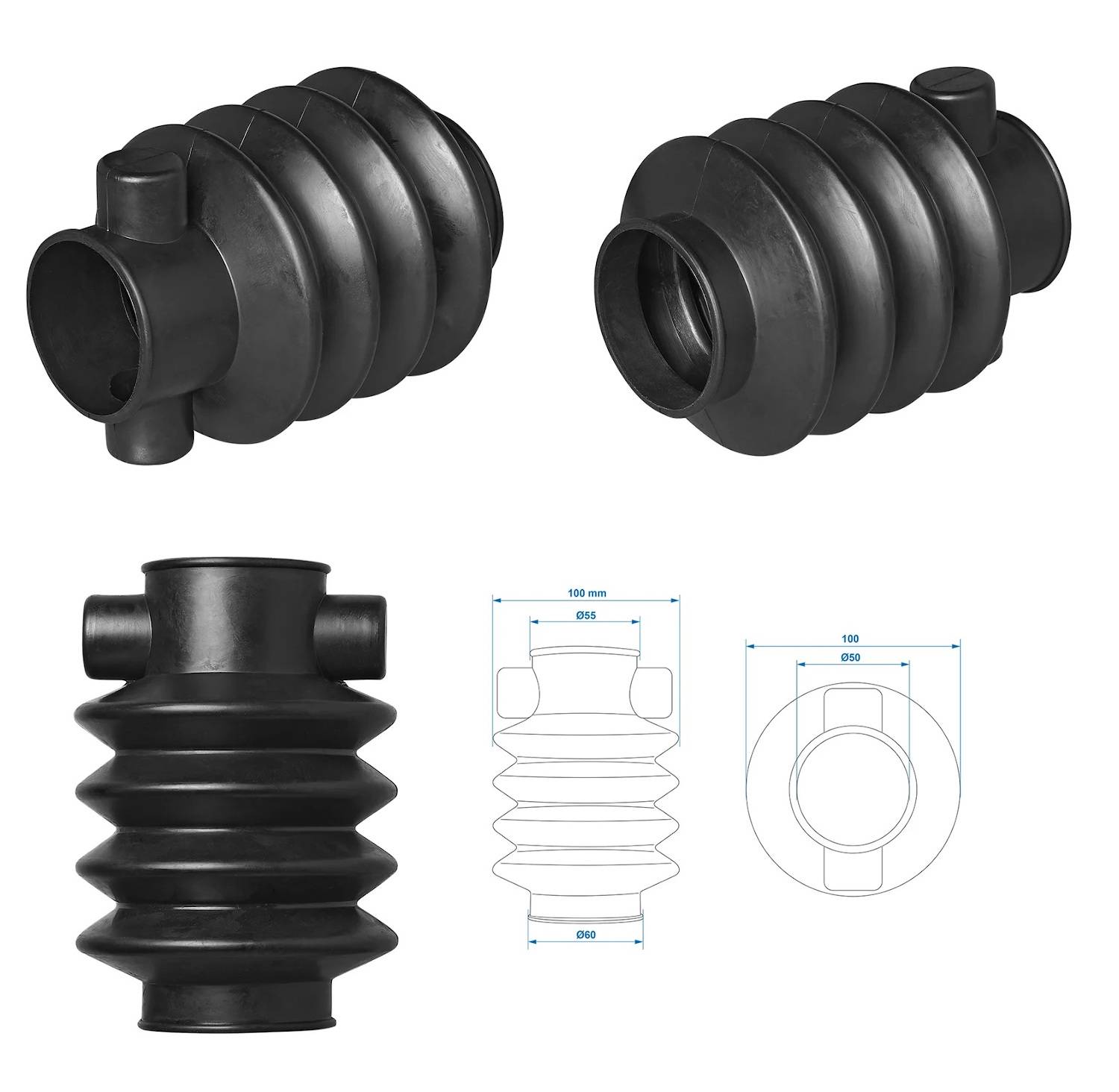 Abbildungen von schwarzen Gummimanchetten-Verbindern, mit verschiedenen Ansichten und technischen Diagrammen. Hervorgehobene Dimensionen sind 100 mm und 080 mm.