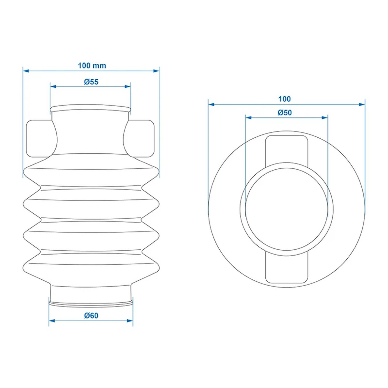 Technische Zeichnung eines flexiblen Balges mit beschrifteten Abmessungen: 100 mm Höhe, 55 mm Körperdurchmesser, 60 mm Bodendurchmesser, 50 mm Topdurchmesser.