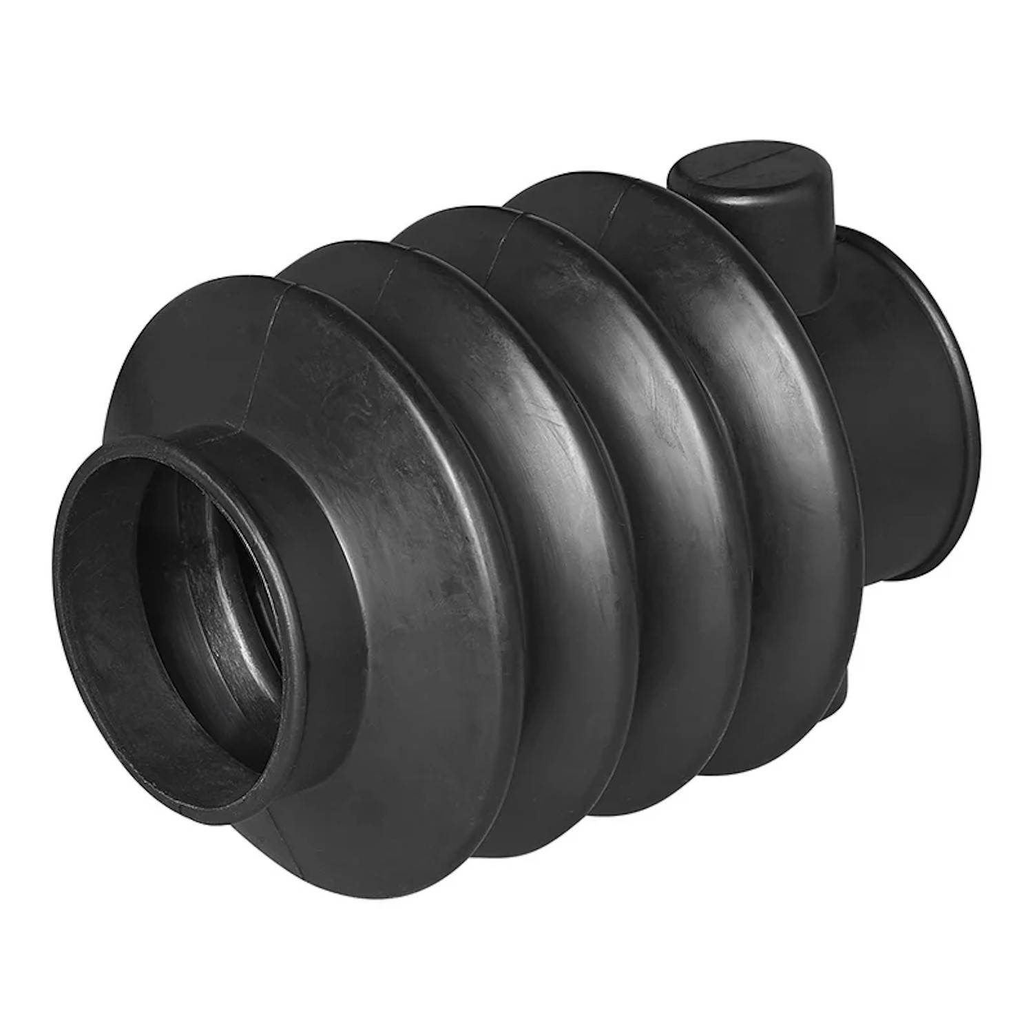 Eine schwarze Gummi-Faltenmanschette mit gerippter Konstruktion, die zum Schutz von Maschinenfugen vor Staub und Ablagerungen verwendet wird.