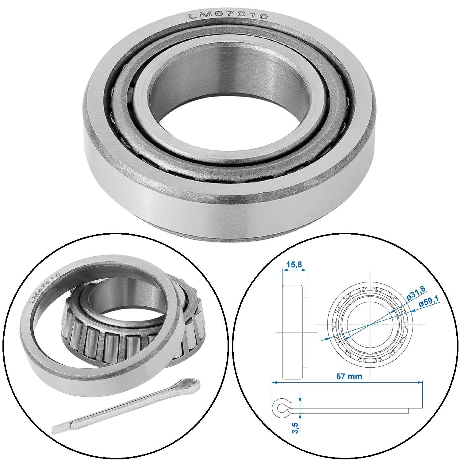 Kegelrollenlager 'LM67048/LM67010', dargestellt mit Abmessungen: 15,8 mm Bohrung, 31,75 mm Außendurchmesser. Einschließlich Querschnittsansicht.
