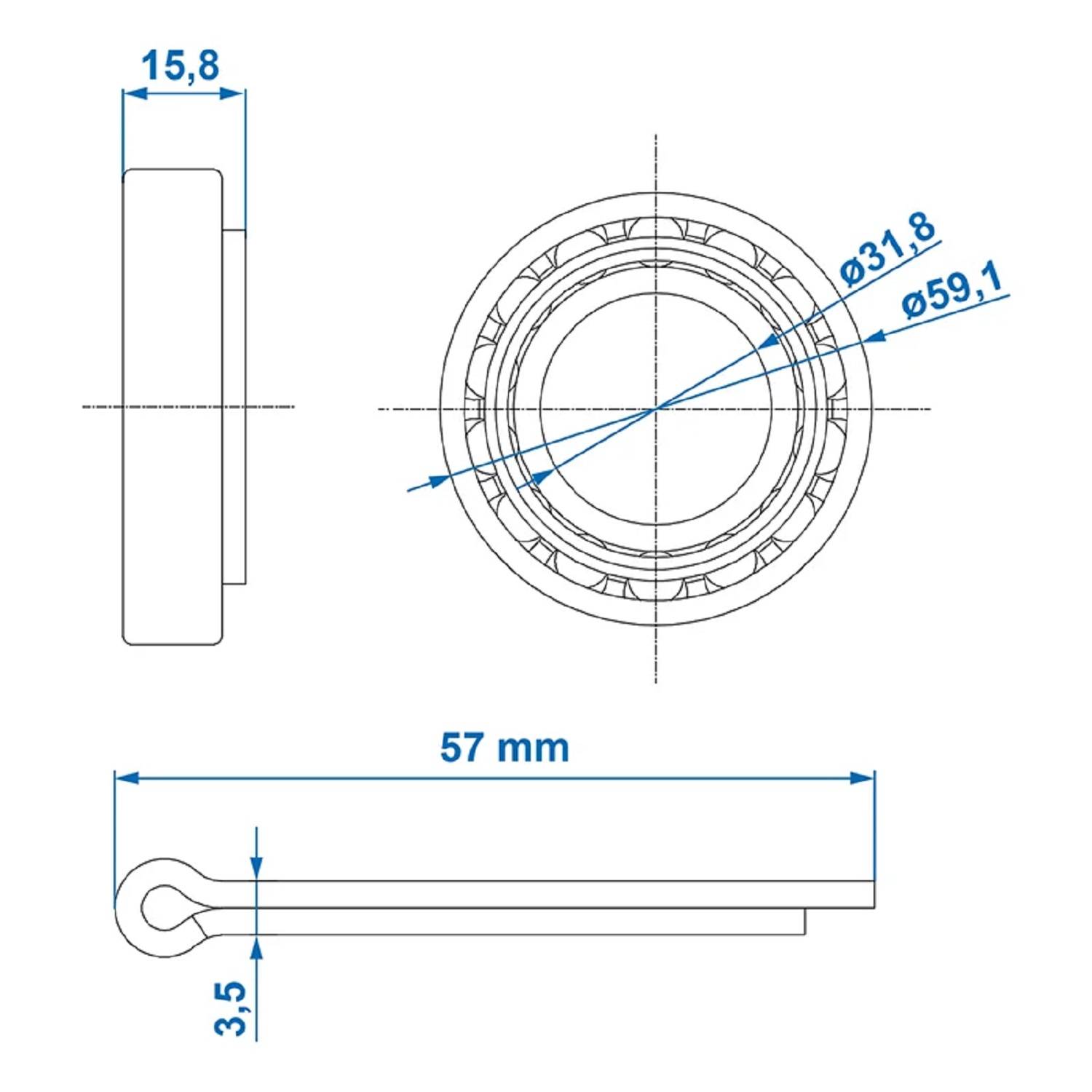 Technische Zeichnung einer kreisförmigen mechanischen Komponente mit Abmessungen: Durchmesser 31,8 mm, Innendurchmesser 59,1 mm, Höhe 15,8 mm und Länge 57 mm.