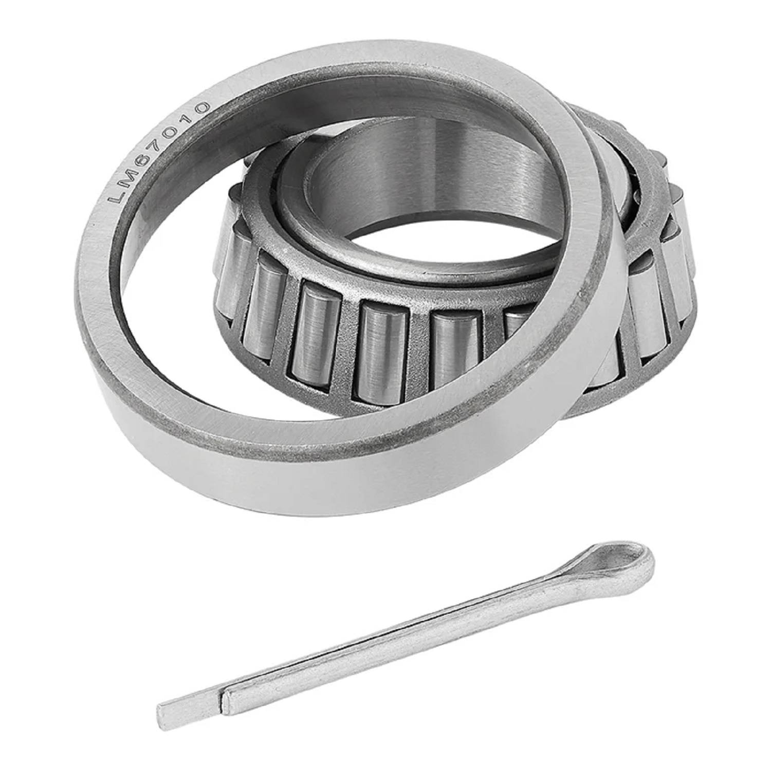 Ein konischer Rollenlager-Satz mit einem integrierten Bolzen liegt auf einem neutralen Hintergrund und zeigt seine Komponenten sowie industrielle Verwendung.