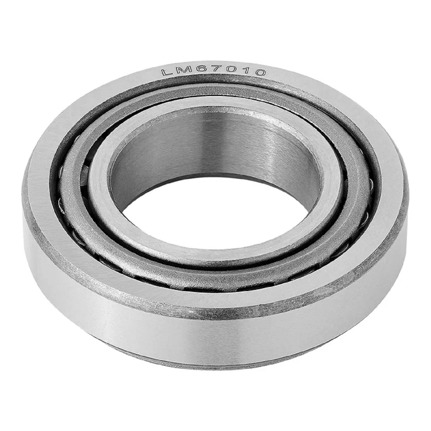 Ein Nahaufnahmebild eines Metallkugellagers mit kreisförmigem Design, inneren und äußeren Ringen und sichtbaren Metallkugeln. Gekennzeichnet mit 'LM67010'.