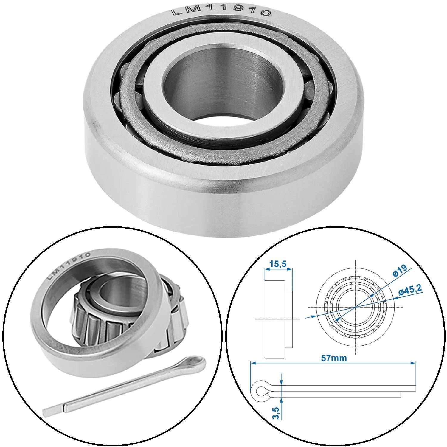 Wälzlager aus Stahl LM11910, dargestellt mit technischen Diagrammen und Abmessungen, zeigt eine zylindrische Form mit Innen- und Außenringen.