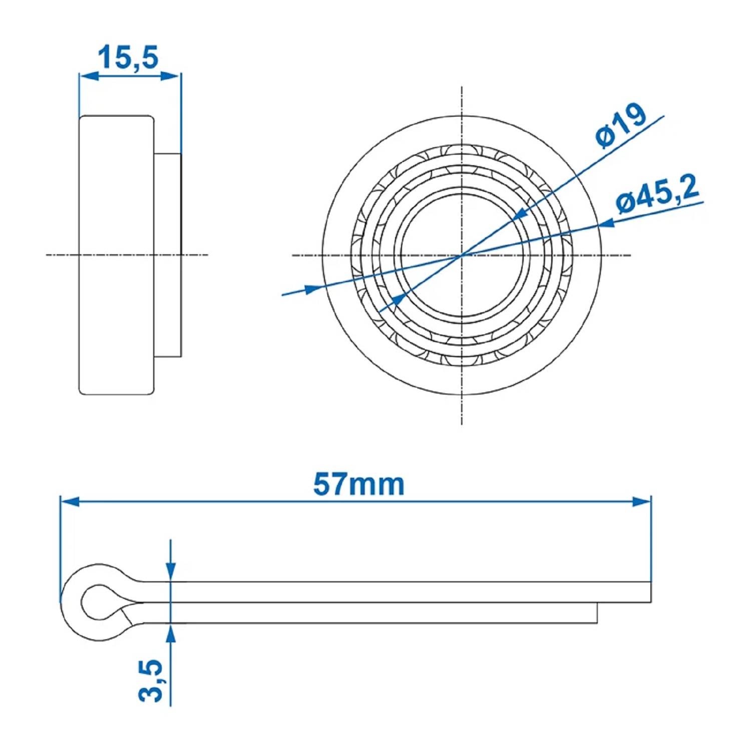 Technische Zeichnung eines kreisförmigen Objekts mit einem Durchmesser von 45,2 mm und einer Länge von 57 mm. Enthält Maßangaben und Querschnittsdetails.