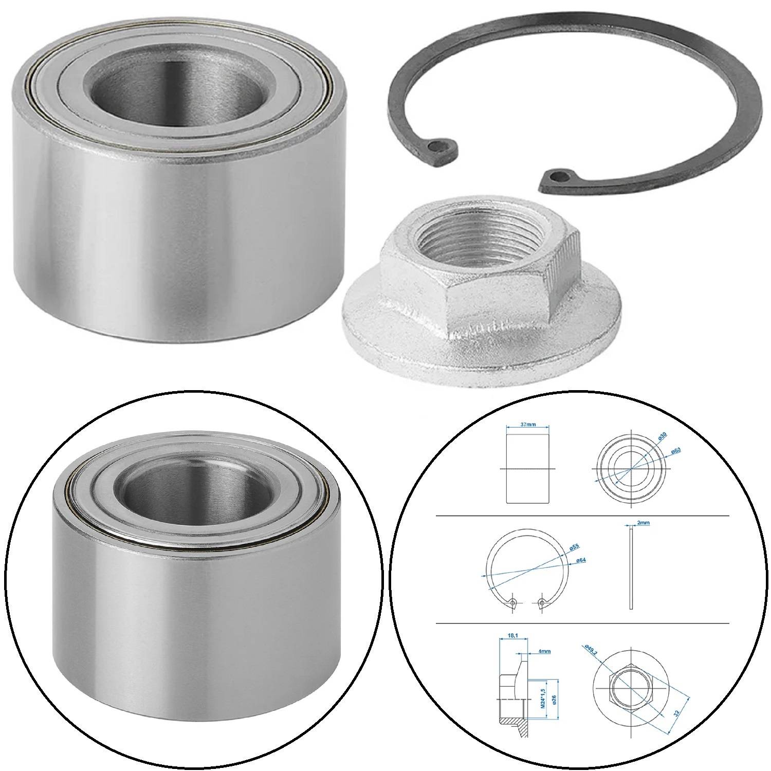 Kreisförmige Metallradlager und ein Ring mit technischen Zeichnungen, die Abmessungen und Montageinzelheiten veranschaulichen.