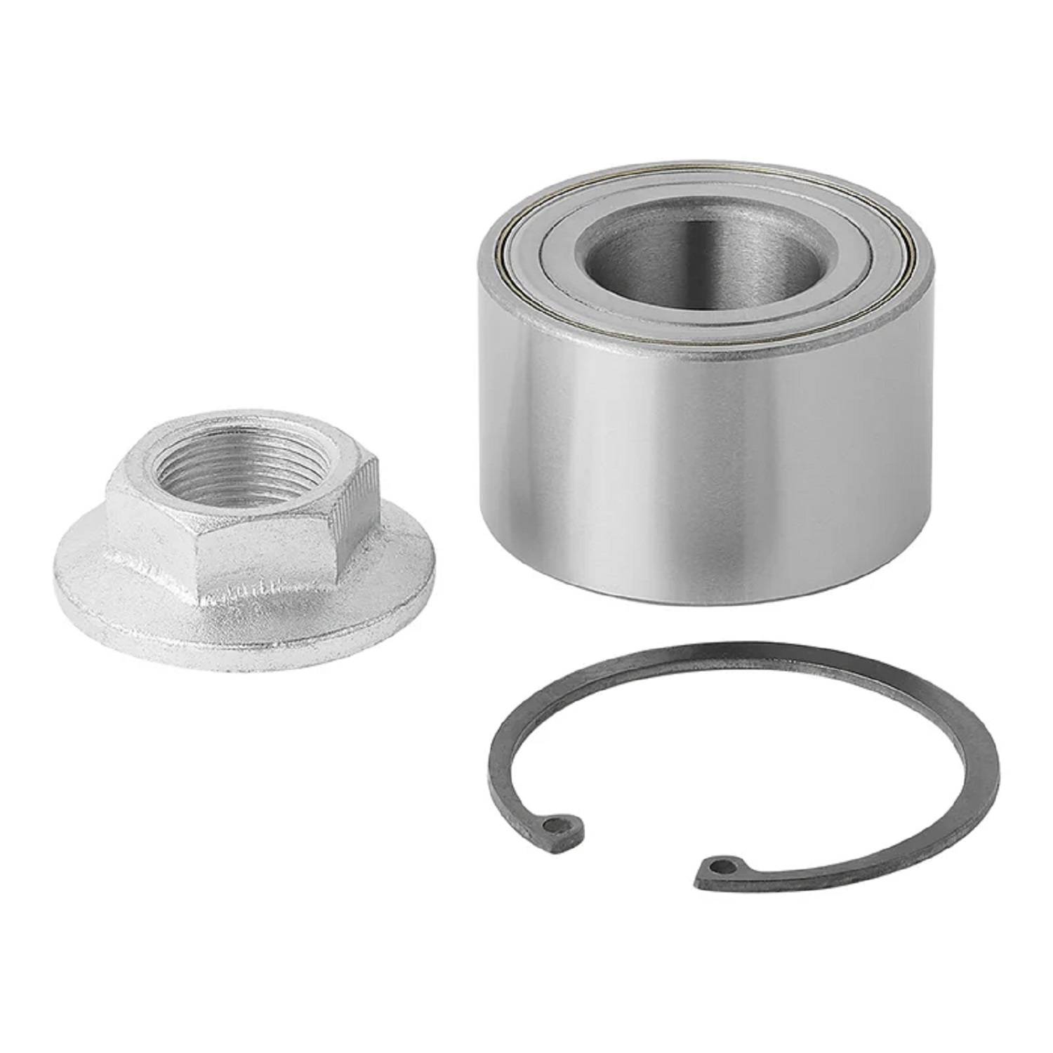 Eine Metallzylinderlagerung, ein kreisförmiger Sicherungsring und eine Sechskantmutter sind auf einem weißen Hintergrund angeordnet.