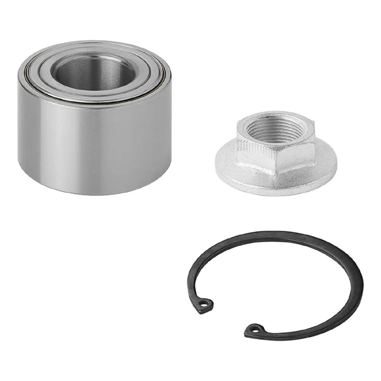 Eine Radlagereinheit bestehend aus einem Metallbärnger, einer silbernen Mutter und einem kreisförmigen schwarzen Sicherungsclip, die vor einem weißen Hintergrund abgebildet ist.