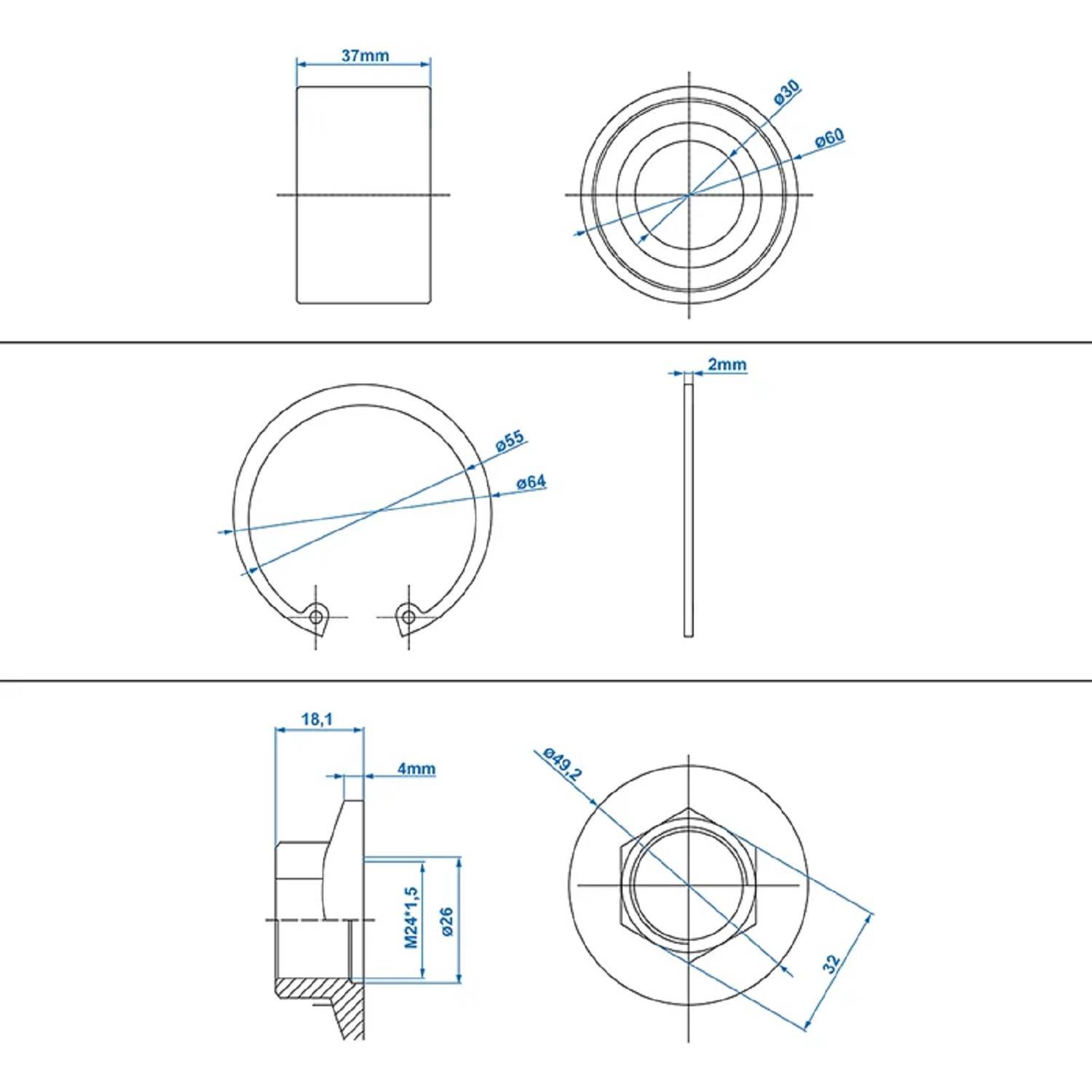 Technische Zeichnung einer zylindrischen Komponente mit Abmessungen: 37 mm Höhe, 60 mm Durchmesser, 55 mm Innendurchmesser und 18,1 mm Breite.