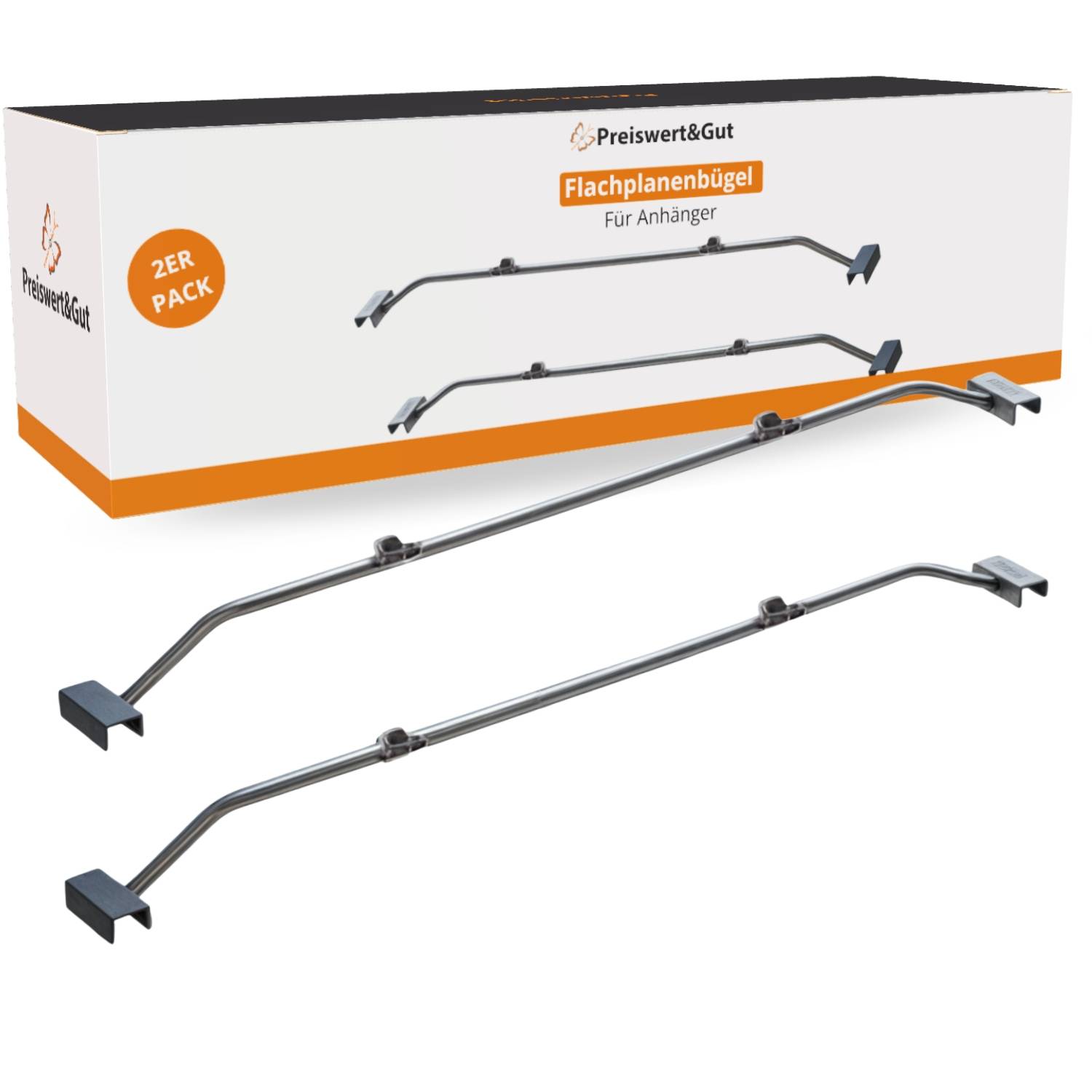 Eine Pappschachtel mit der Beschriftung '2er Pack Flachplanenbügel für Anhänger', die zwei Metallstützeisen für Anhänger zeigt, mit der Preiswert&Gut Markenidentifikation.