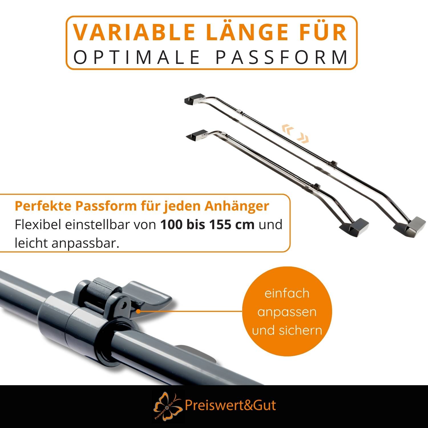 Verstellbare Länge für optimale Passform, schwarze verstellbare Schiene, passend für Anhänger von 100-155 cm. Highlights: 'einfach anpassen und sichern'.