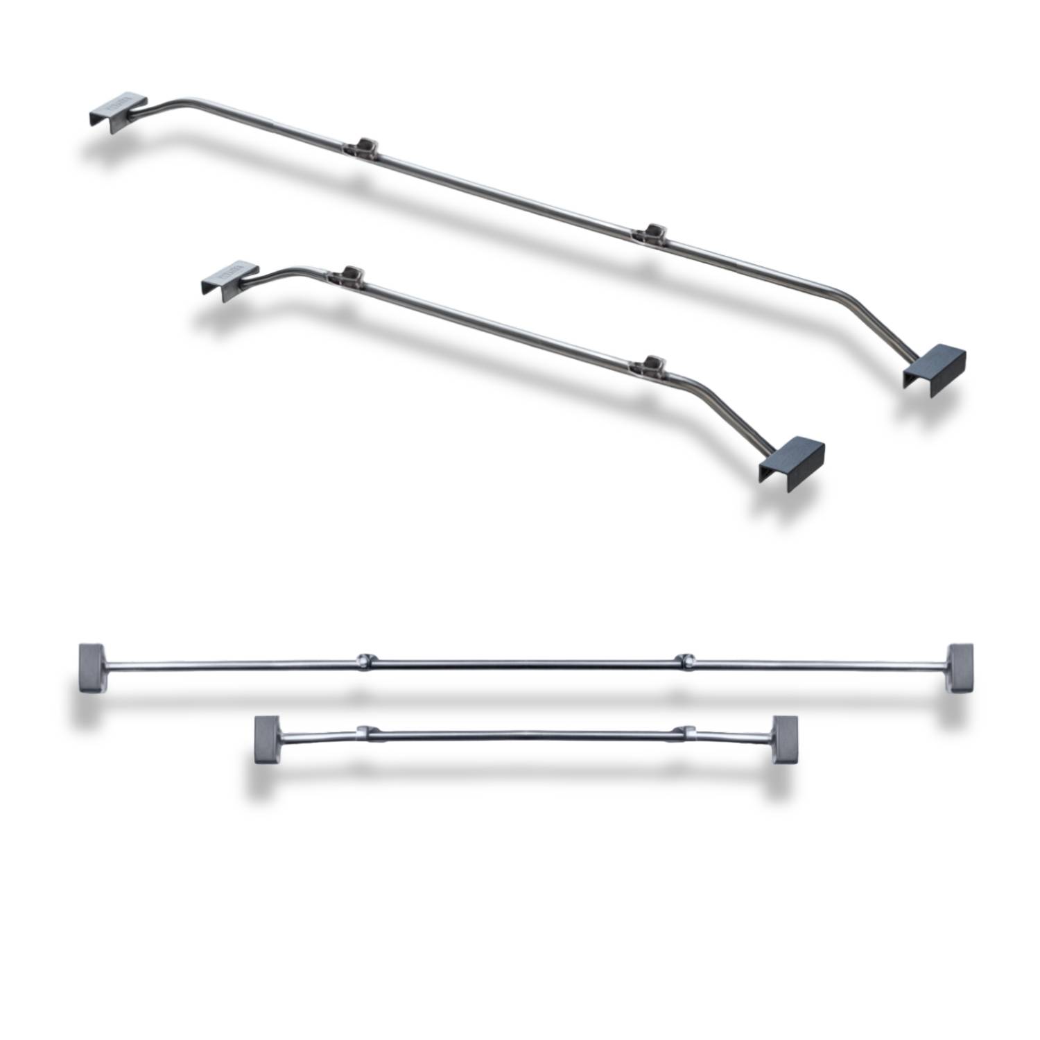 Zwei Metallstangen mit Haken und Gummipads, aus verschiedenen Winkeln betrachtet, zum Abstützen oder Sichern von Gegenständen.